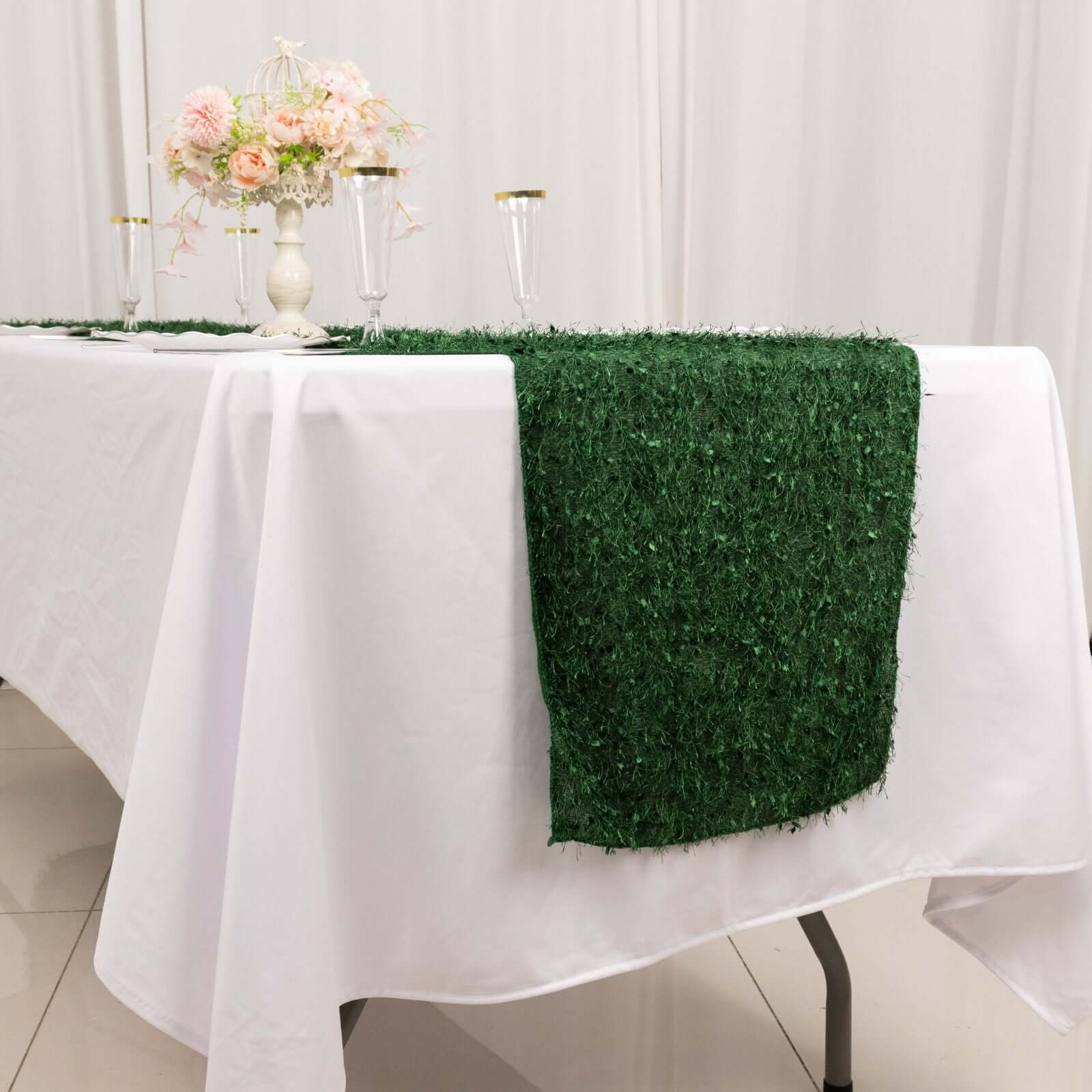 Polyester 12x108 Table Runner Green - Fringe Shag Table Decor