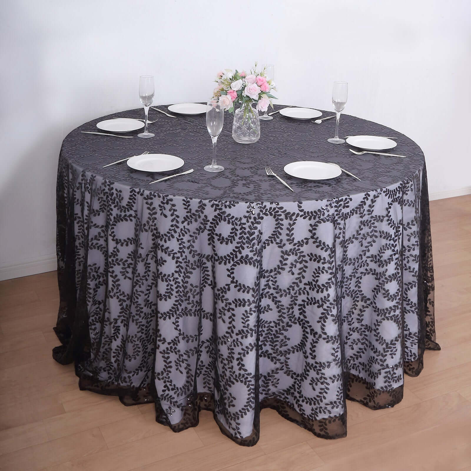 Tulle 120 Round Tablecloth Black - Seamless Sequin Leaf Embroidered Table Cover