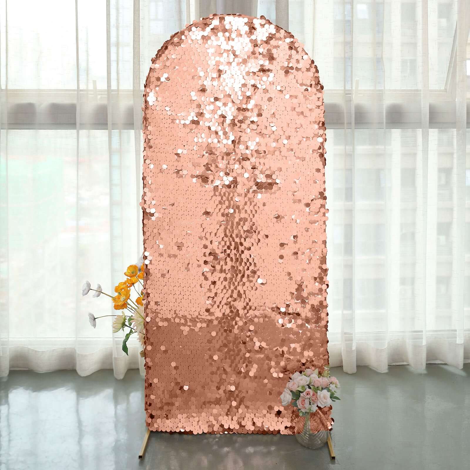 5ft Sparkly Rose Gold Double Sided Big Payette Sequin Chiara Backdrop Stand Cover For Fitted Round Top Wedding Arch