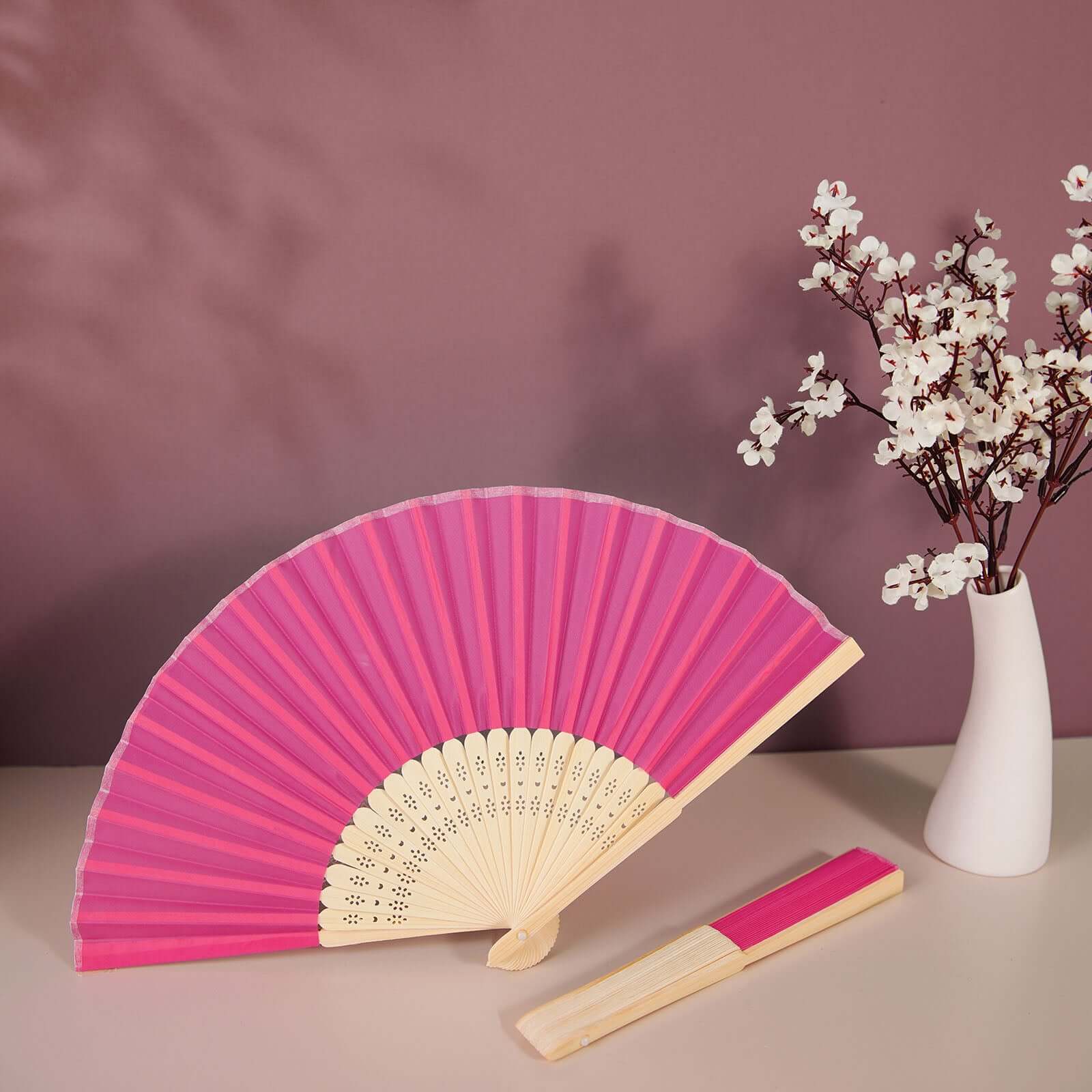 5 Pack Fuchsia Asian Silk Folding Fans Party Favors, Oriental Folding Fan Favors