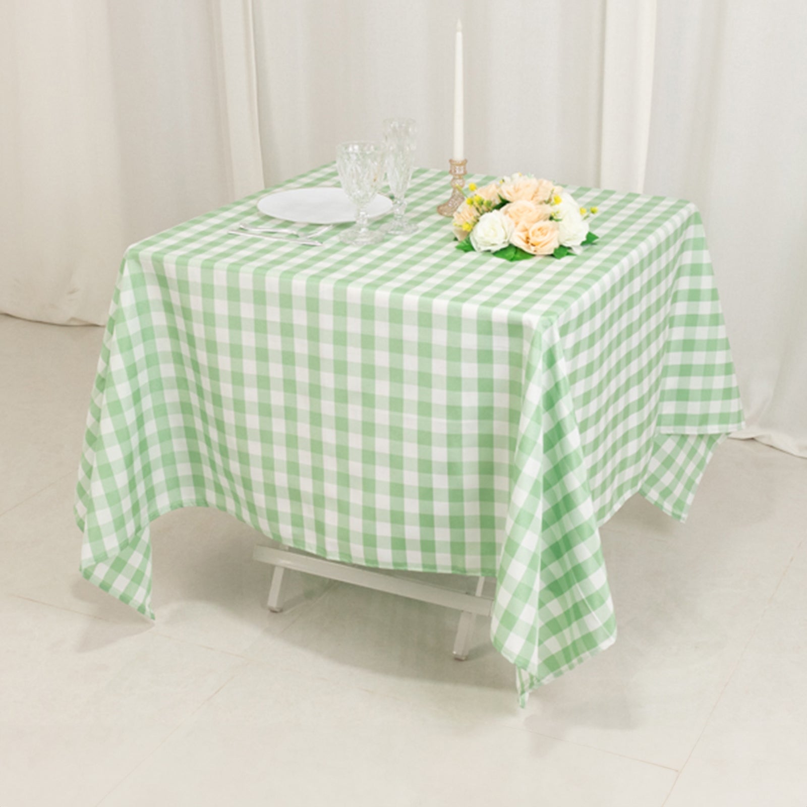 Polyester 70x70 Square Tablecloth White/Sage Green - Checkered Buffalo Plaid Table Cover