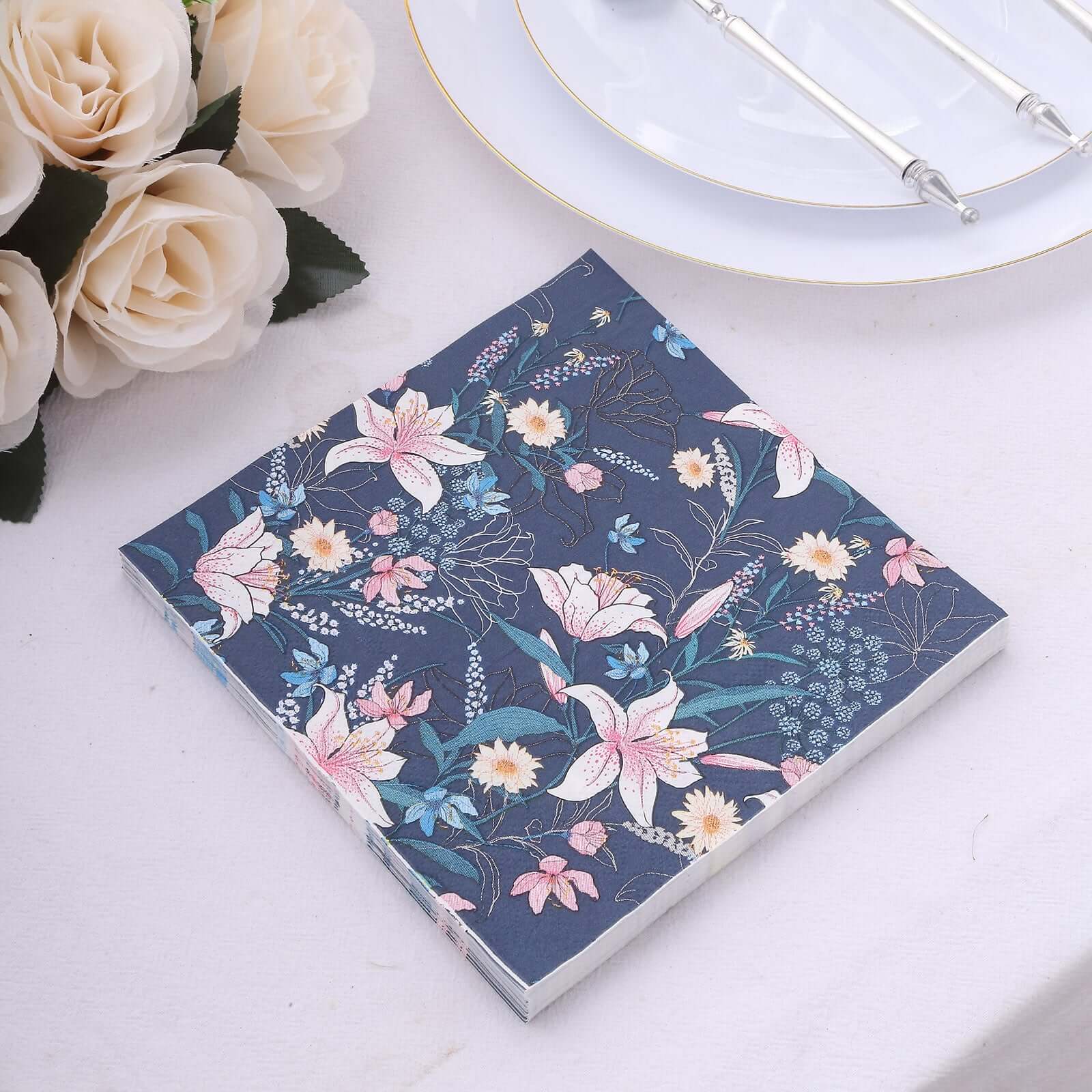 50-Pack Paper Beverage Napkins with Water Lily Floral Design Navy Blue - 2 Ply Soft 18GSM Wedding Napkins 6.5x6.5