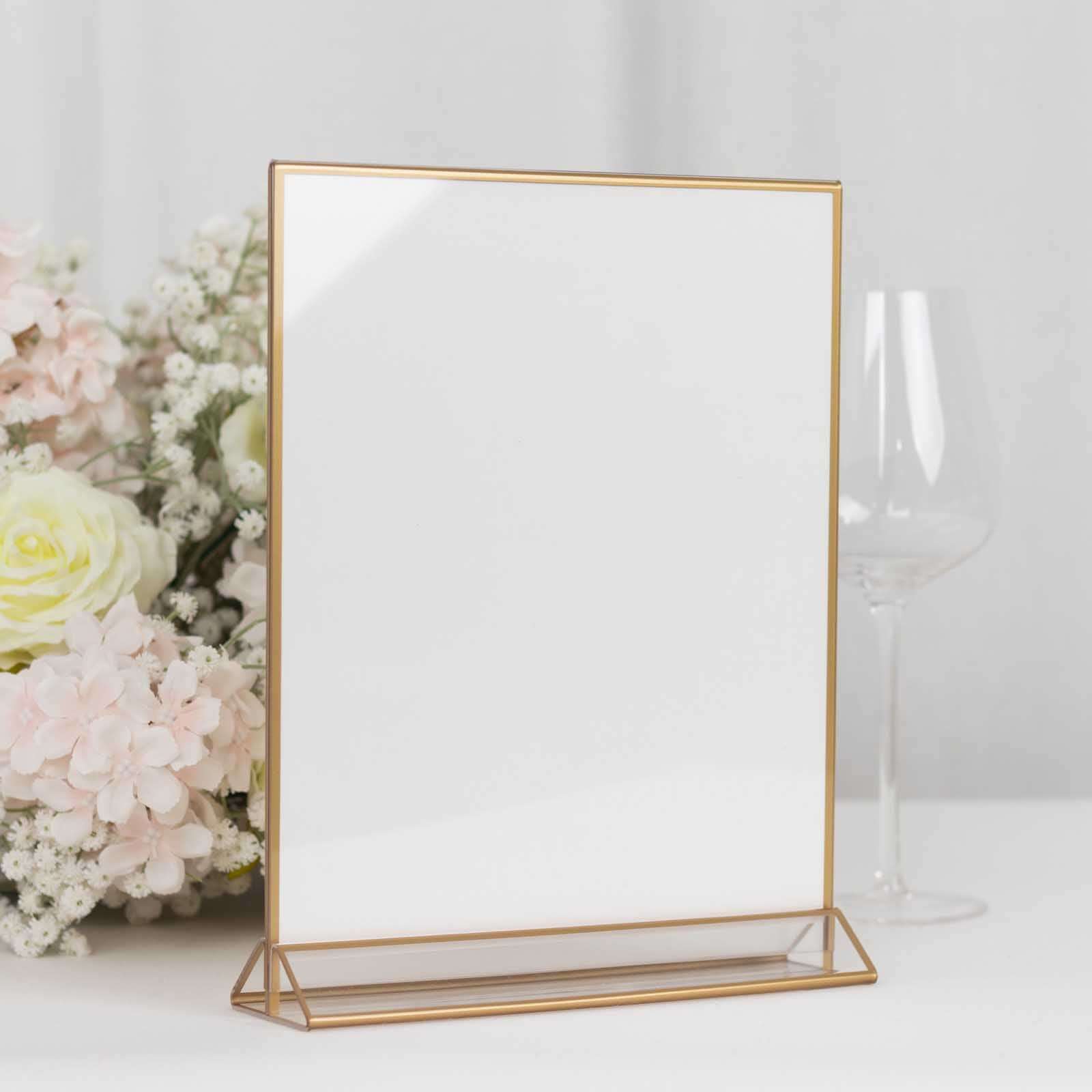 6-Pack Gold Acrylic Rectangular Frame Sign Holders Clear Double-Sided Display with White Cardboard - Suitable for Banquets 9x11