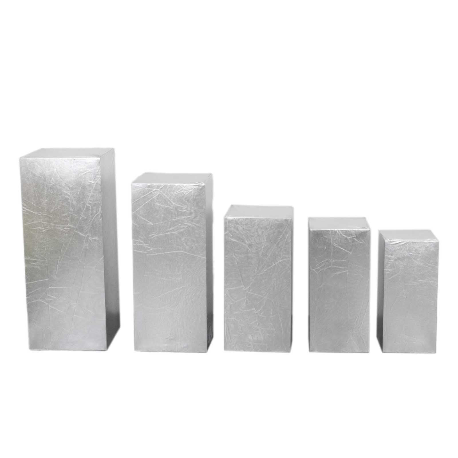 Set of 5 Metallic Silver Spandex Rectangle Pedestal Stand Covers, Stretchable Pillar Prop Covers - 160 GSM