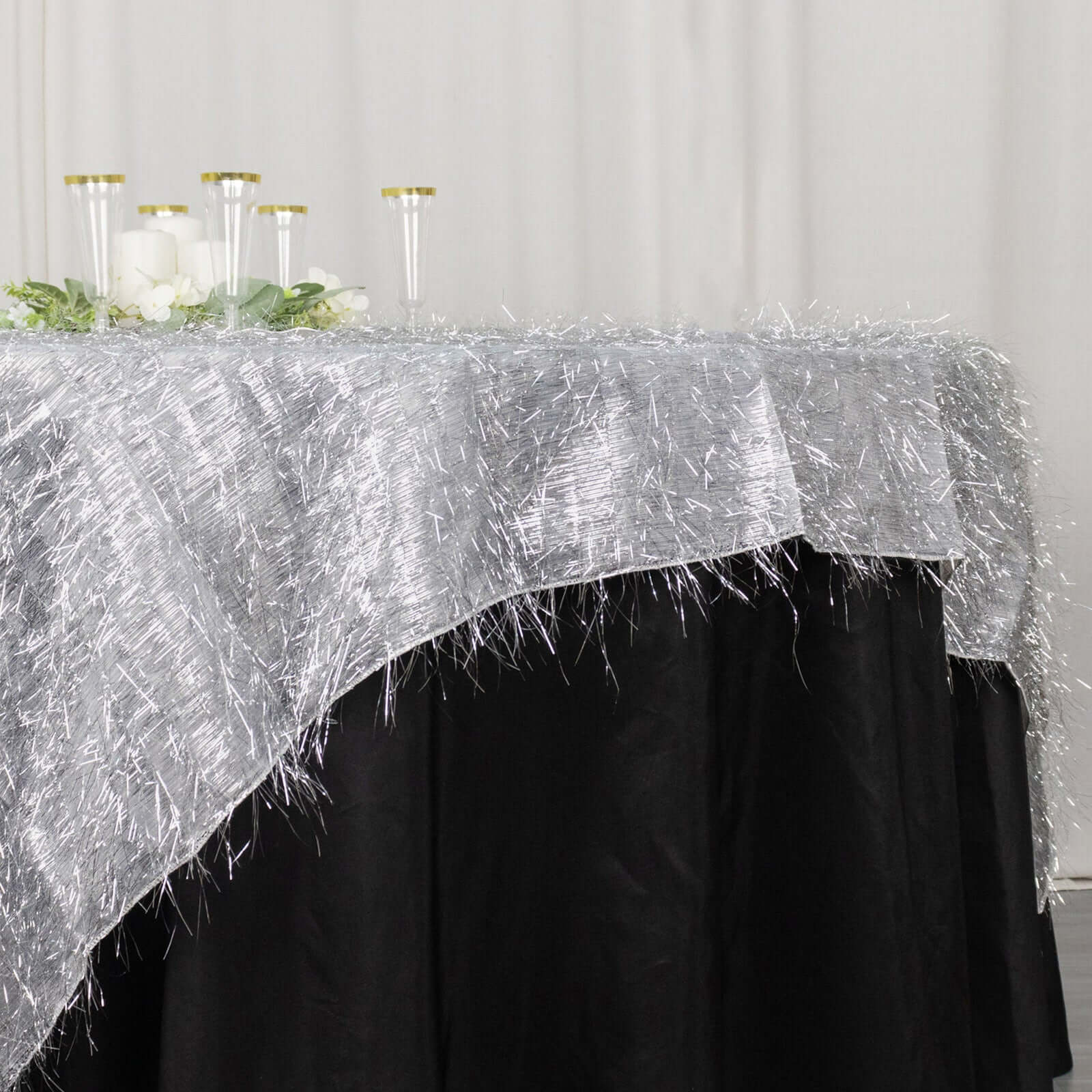 Polyester 72x72 Table Overlay Square Tablecloth Silver - Metallic Fringe Shag Tinsel Table Cover