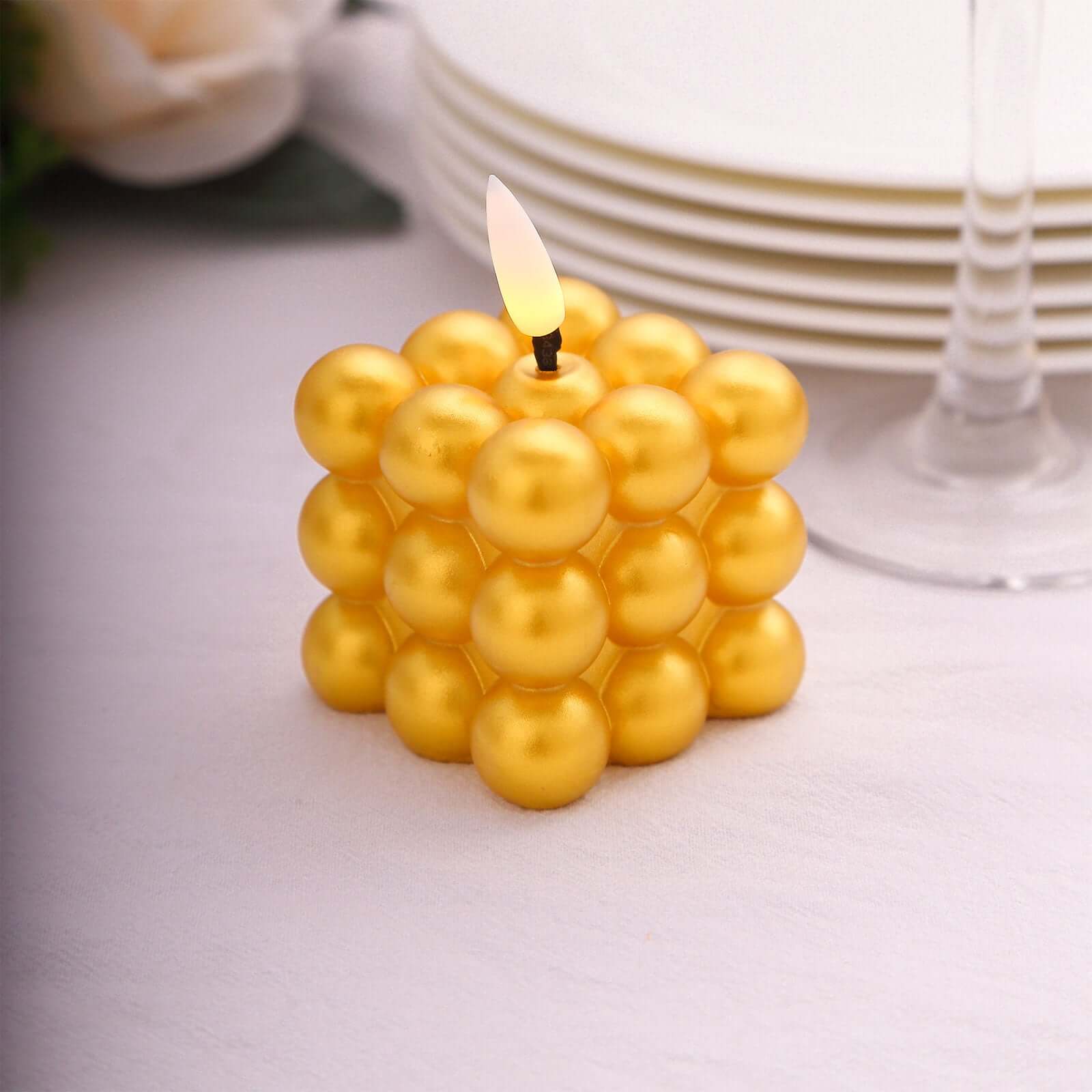 2-Pack LED Flameless Cube Candles Mini Bubble Metallic Gold - Battery Operated 2