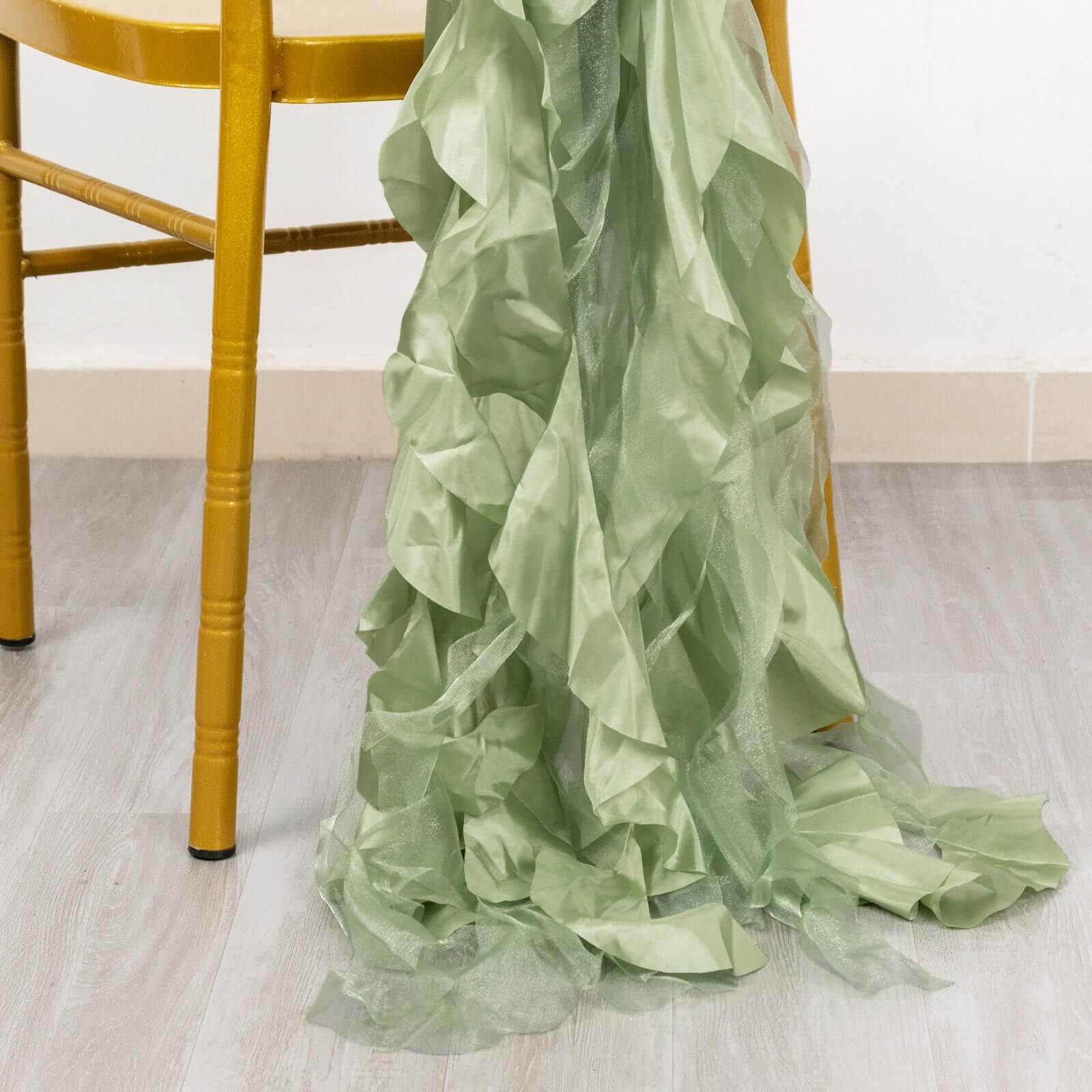 5 Pack Chiffon Satin Chair Sashes Sage Green - Easy to Install Ruffled Curly Willow