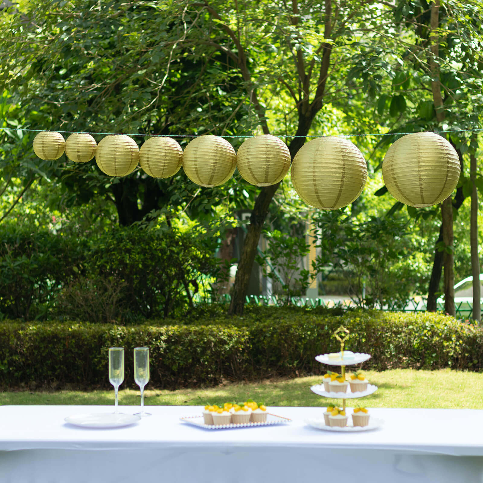 Set of 8 Gold Hanging Paper Lanterns, Decorative Round Chinese Sky Lanterns, Assorted Sizes  - 6,8,10,14