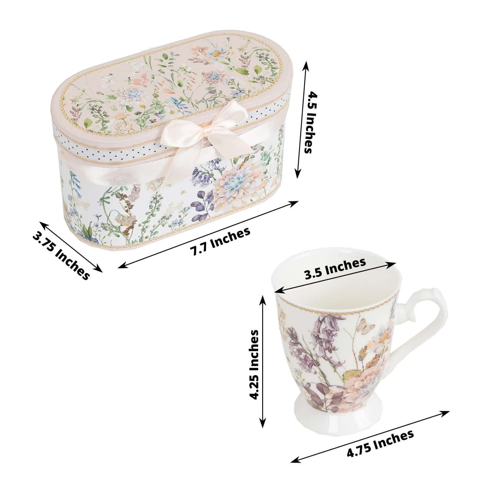 Blush Floral Design Bridal Shower Gift Set, 2 Pack Porcelain Tea Cups With Matching Keepsake Gift Box and Satin Ribbon Handle