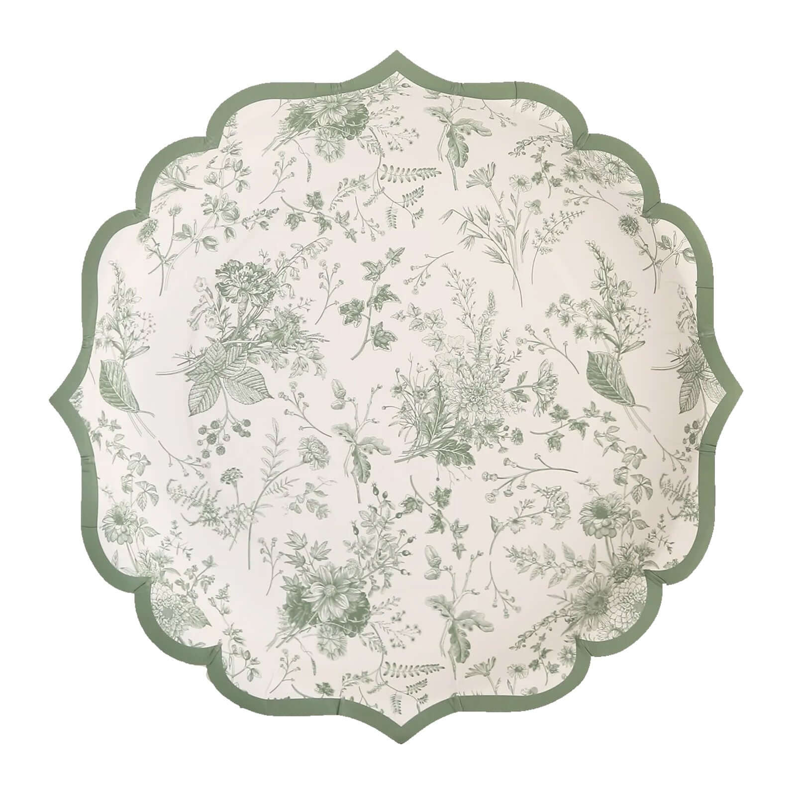 25-Pack Paper 10 Round Dinner Plates in White with Sage Green French Toile Design & Scalloped Rim - Disposable 300GSM Party Plates for Classy Events & Special Occasions