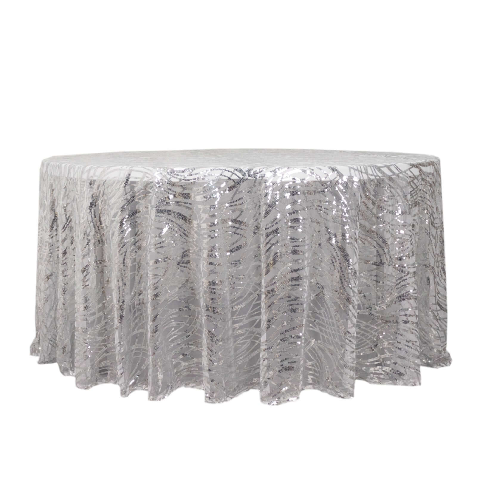 Sequin Mesh 120 Round Tablecloth Silver - Seamless Wave Embroidered Table Cover