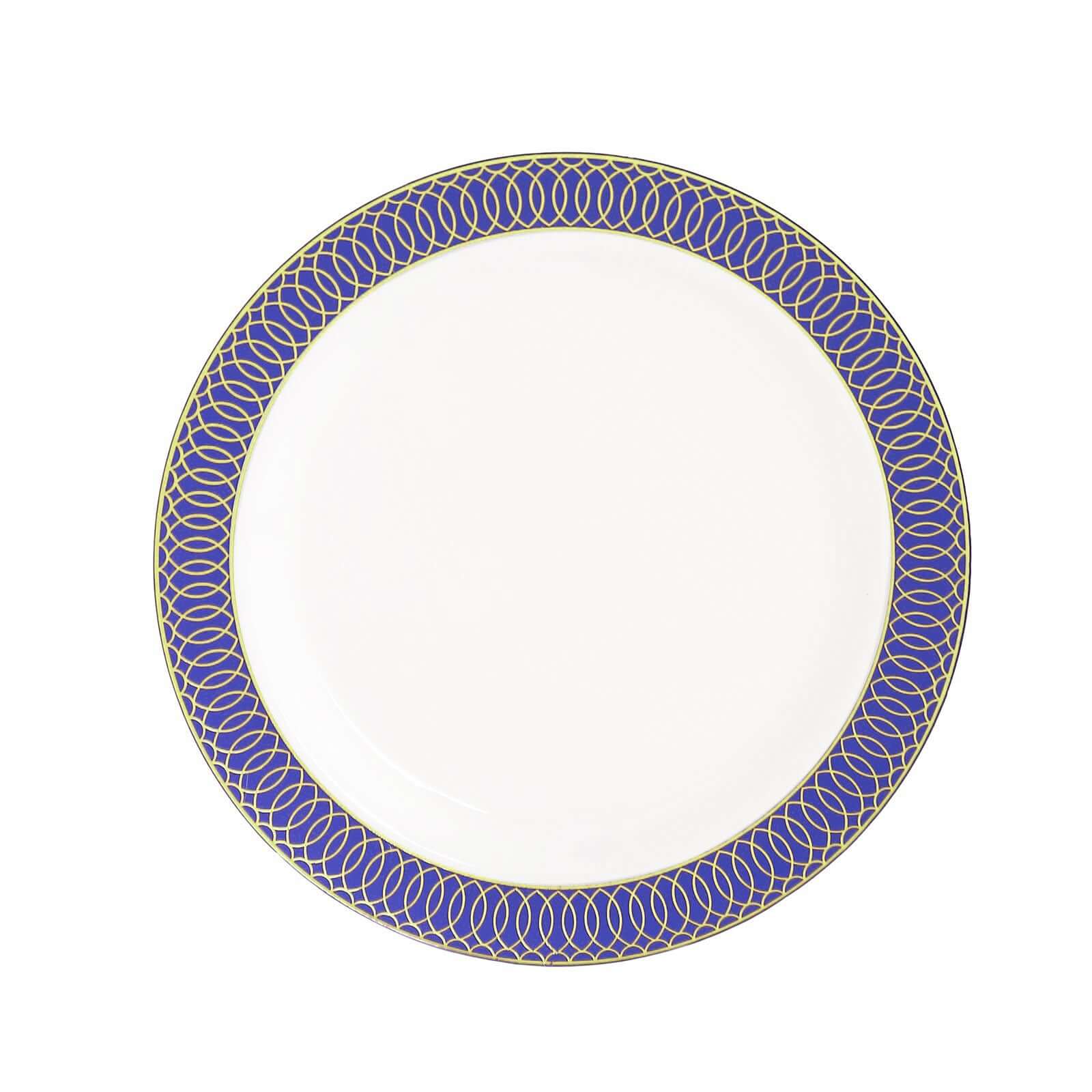 10-Pack Plastic Round Dinner Plates 10 White with Navy Blue Gold Spiral Rim - Chic Disposable Party Plates