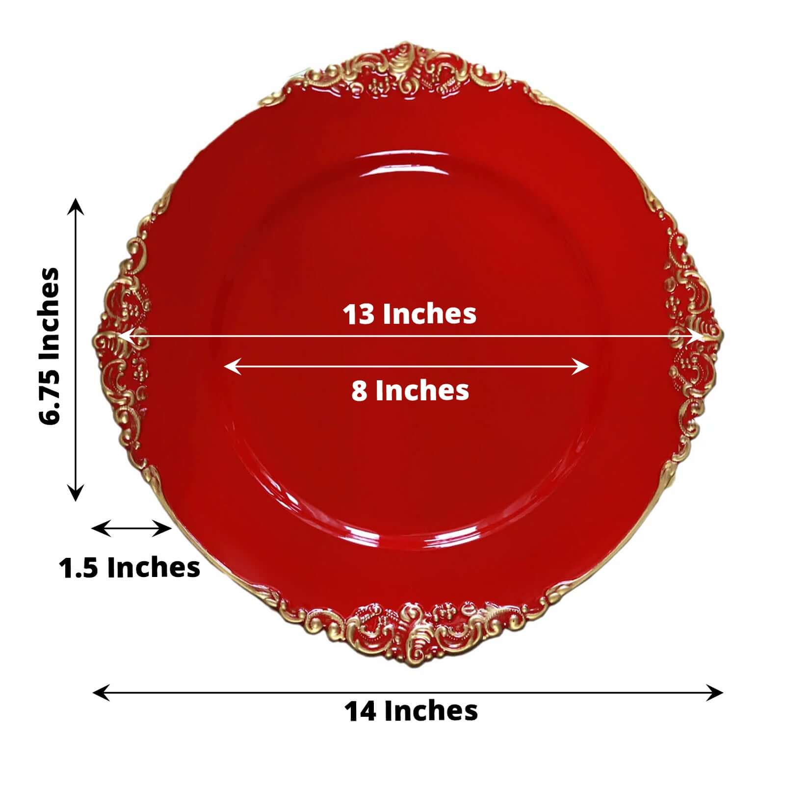 6-Pack Acrylic Round Charger Plates 13 in Red with Gold Embossed Baroque Rim, Antique Decorative Dinner Party Charger Tableware