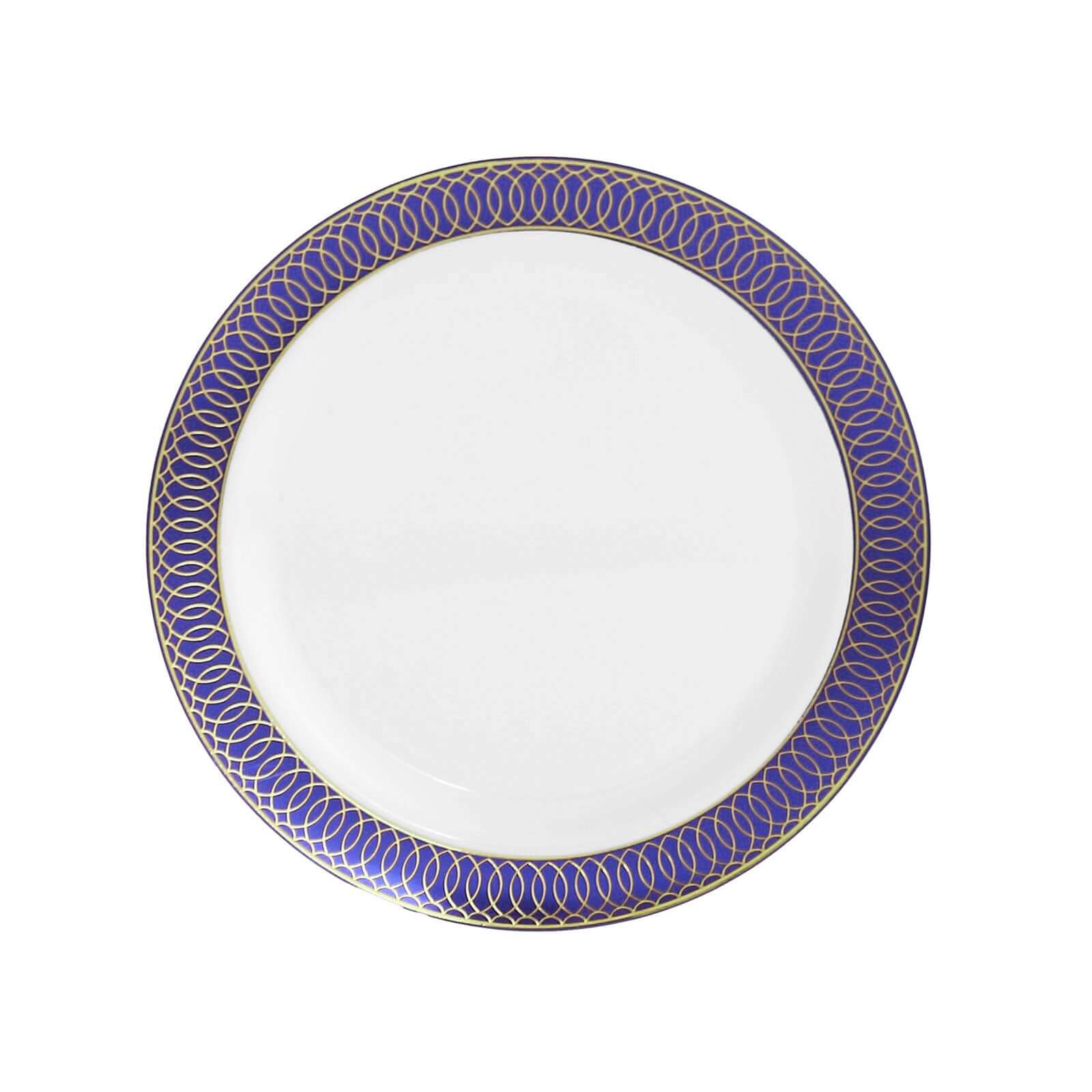 10-Pack Plastic Round Dessert Plates 7 White with Navy Blue Gold Spiral Rim - Disposable Salad Plates