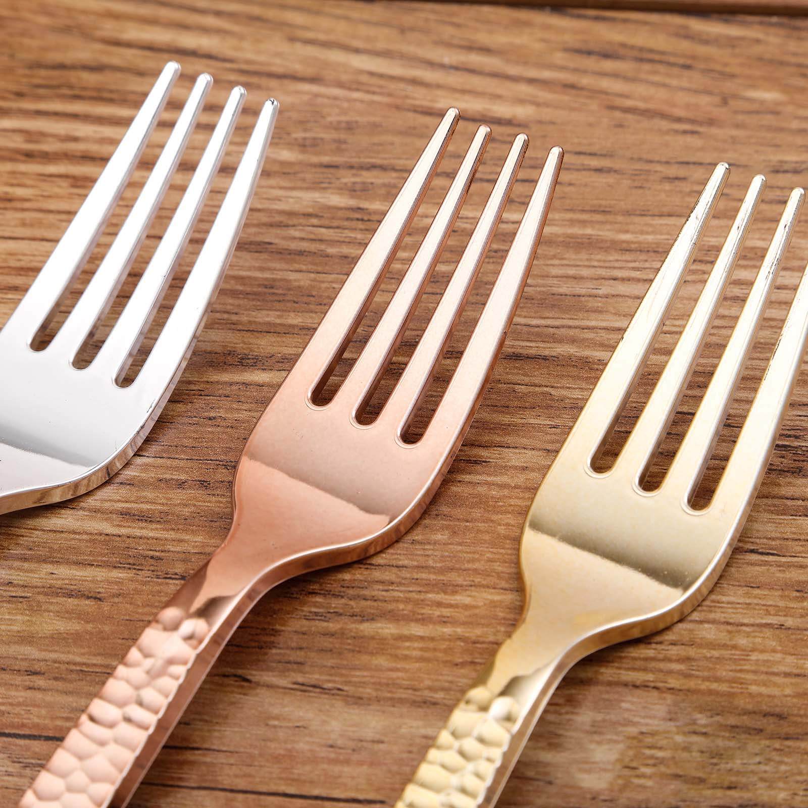 24-Pack Plastic Forks with Hammered Style Rose Gold - Heavy Duty Disposable Silverware 7