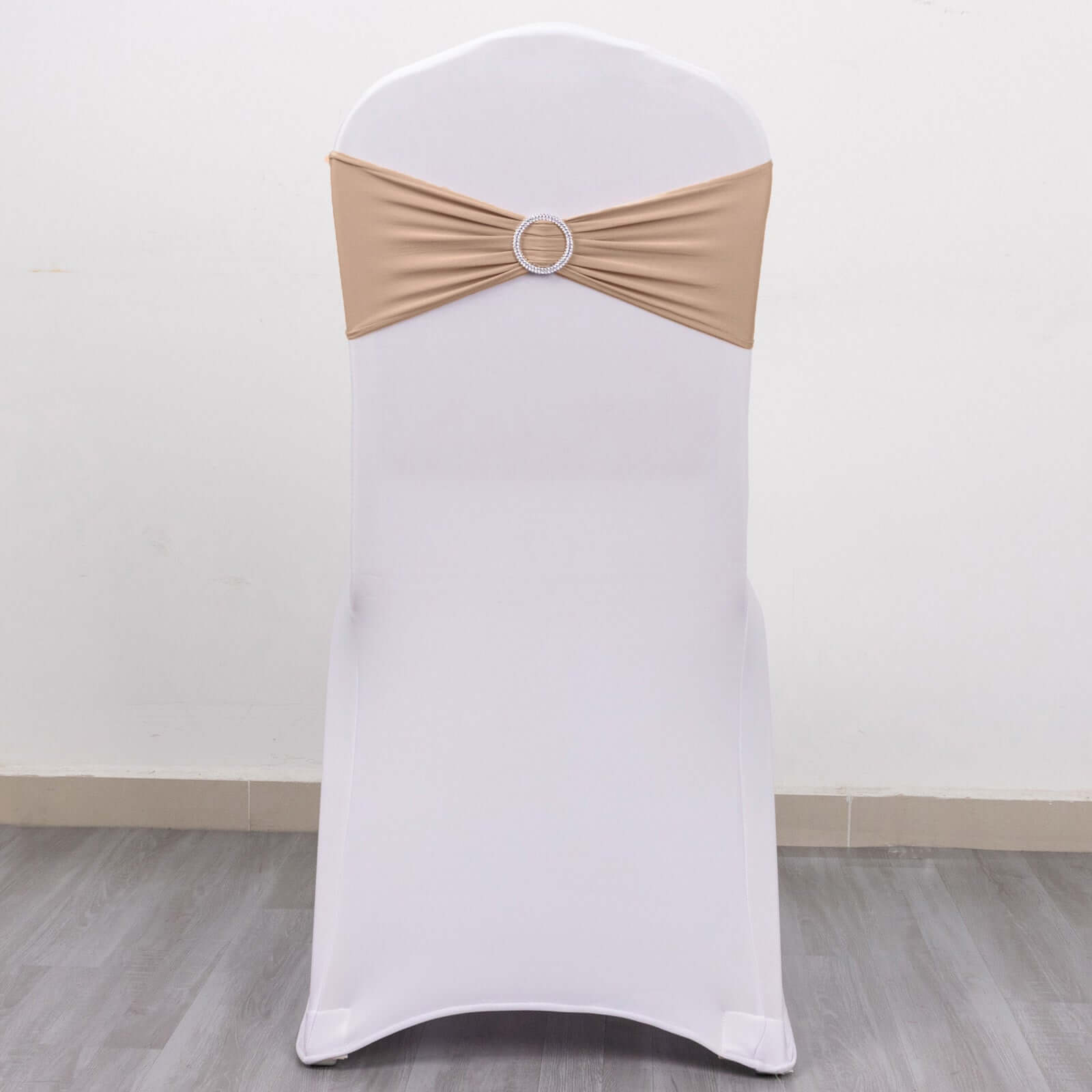 5 Pack Stretch Spandex Chair Sashes Nude - Reusable Chair Bands with Silver Diamond Ring Slide Buckle 5x14