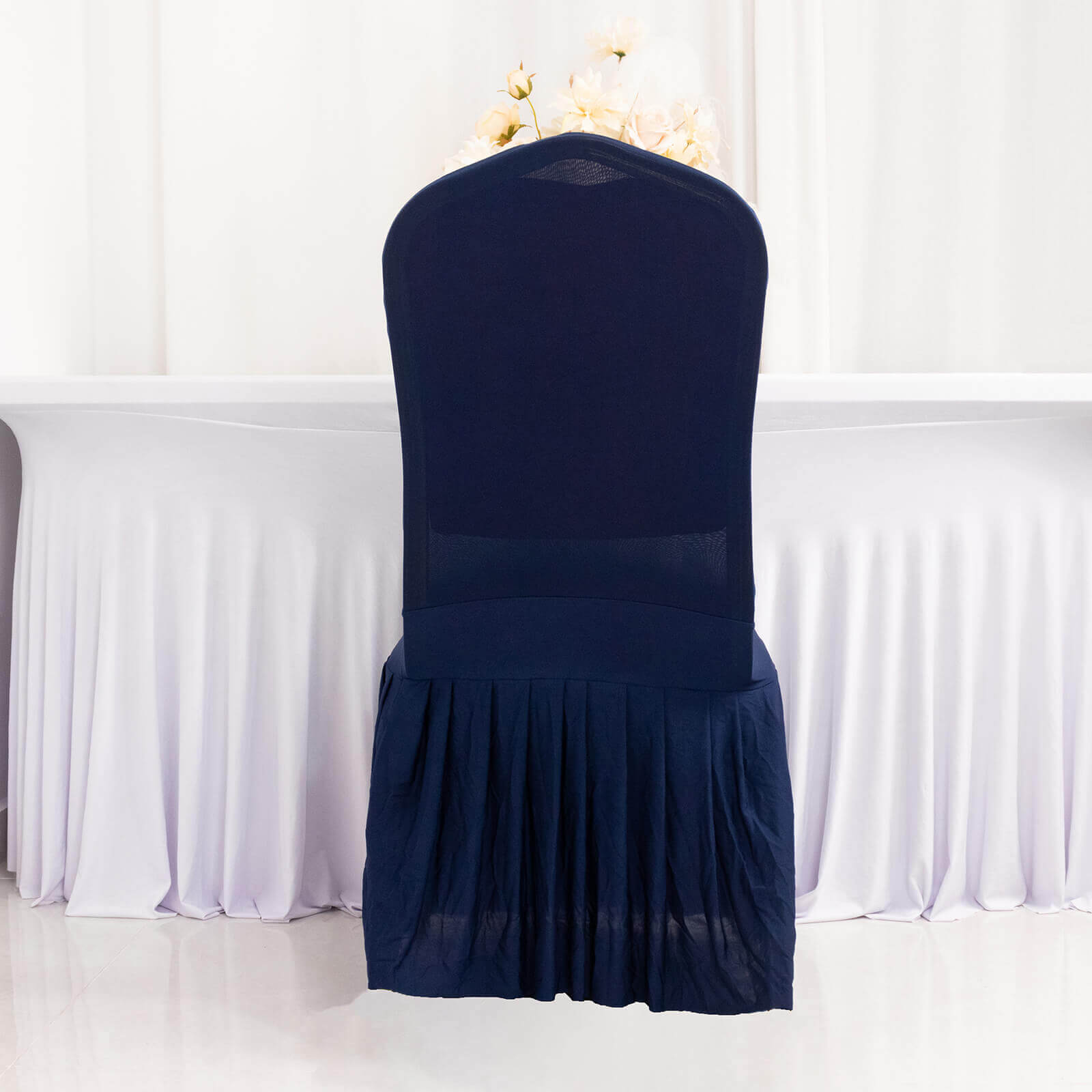 Spandex Chair Cover with Ruffle Pleated Skirt for Banquet Chairs Navy Blue - 1-Piece Stretch Fitted Slipcover