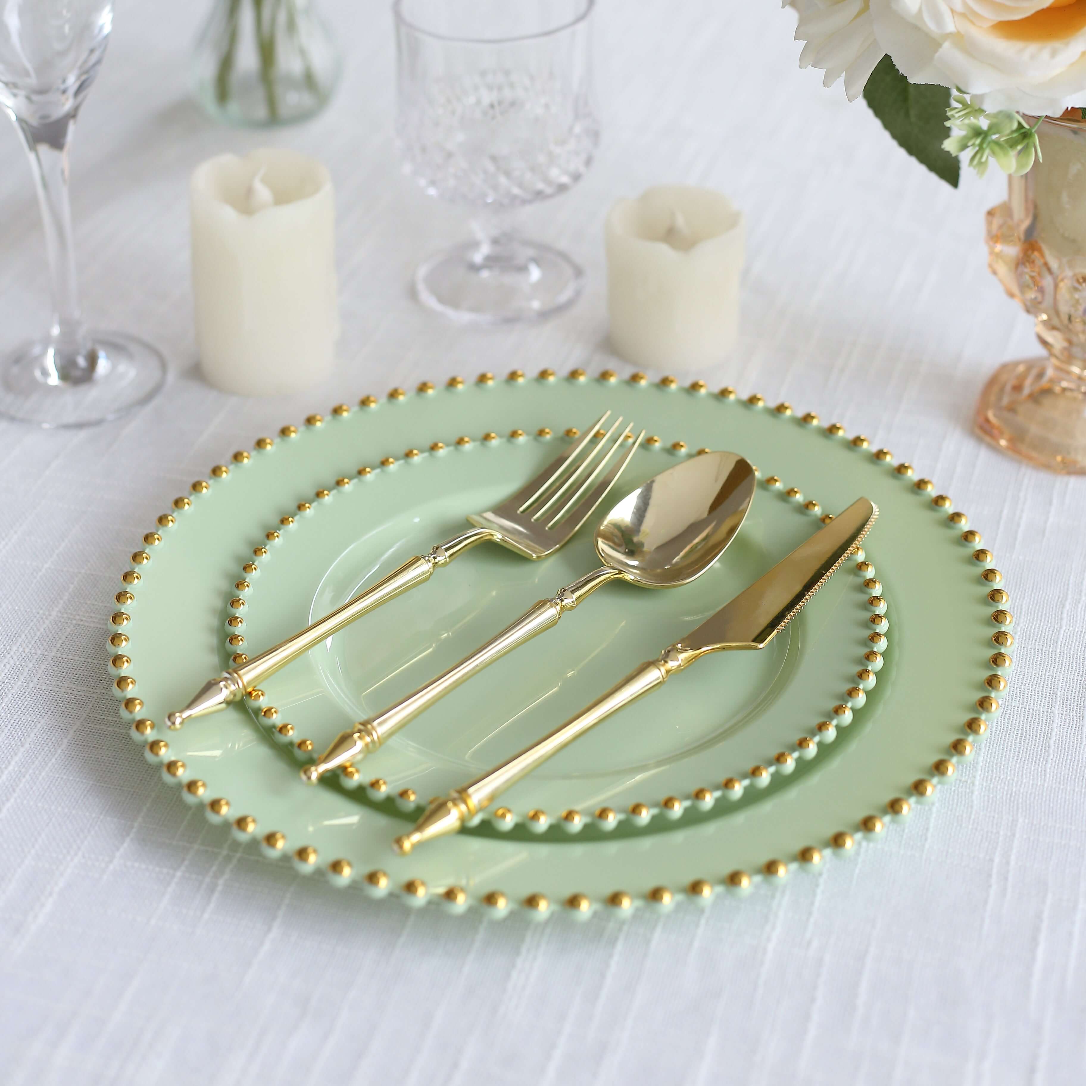 10-Pack Plastic 8 Round Appetizer Dessert Plates in Sage Green with Gold Beaded Rim - Disposable Salad Plates