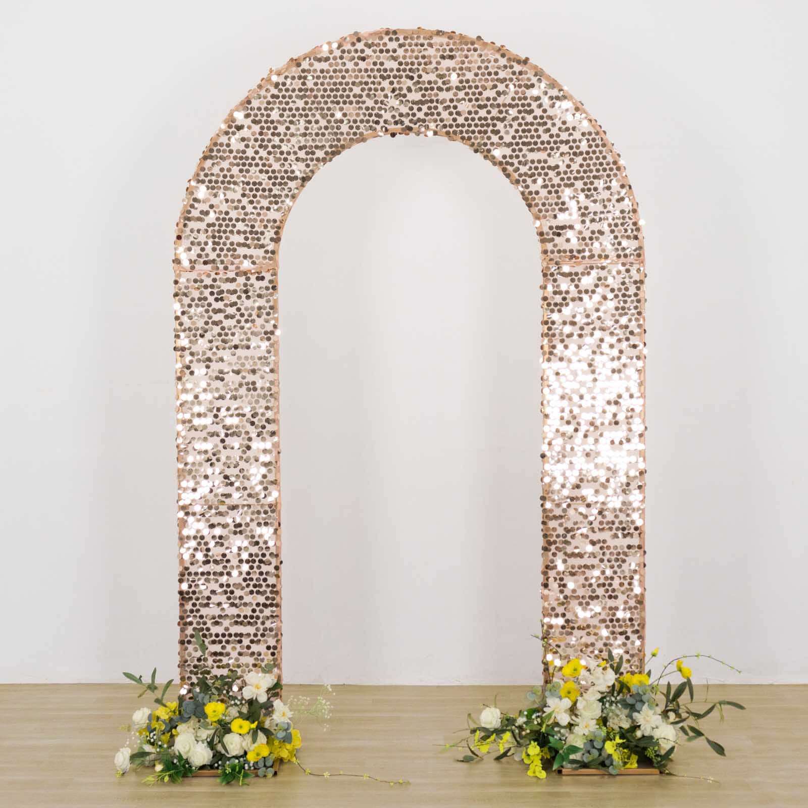 8ft Rose Gold Big Payette Sequin Open Arch Wedding Arch Cover, Sparkly U-Shaped Fitted Backdrop Slipcover