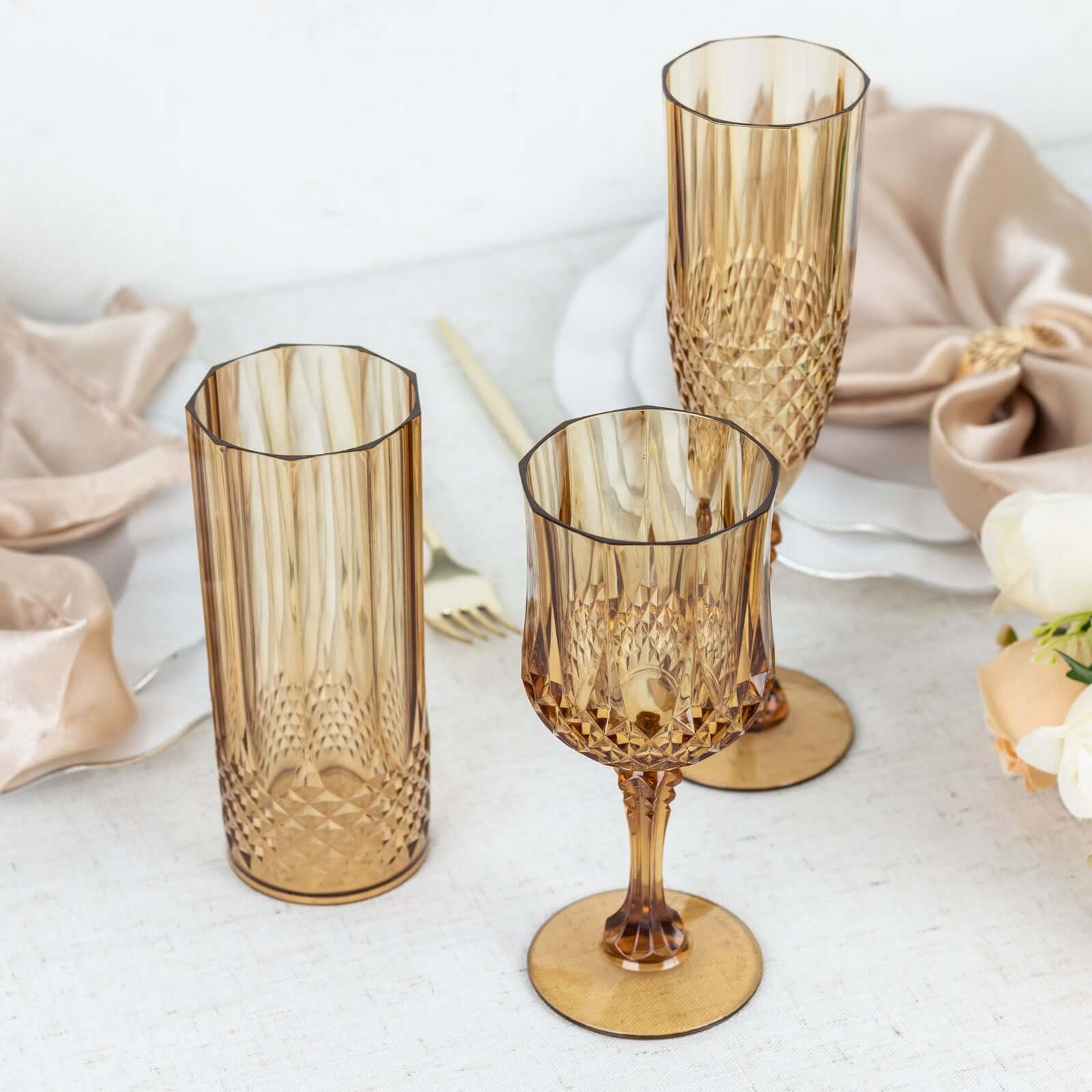 6-Pack Plastic Cocktail Goblets Amber Gold Transparent Crystal Cut - Shatterproof Drinkware 8oz