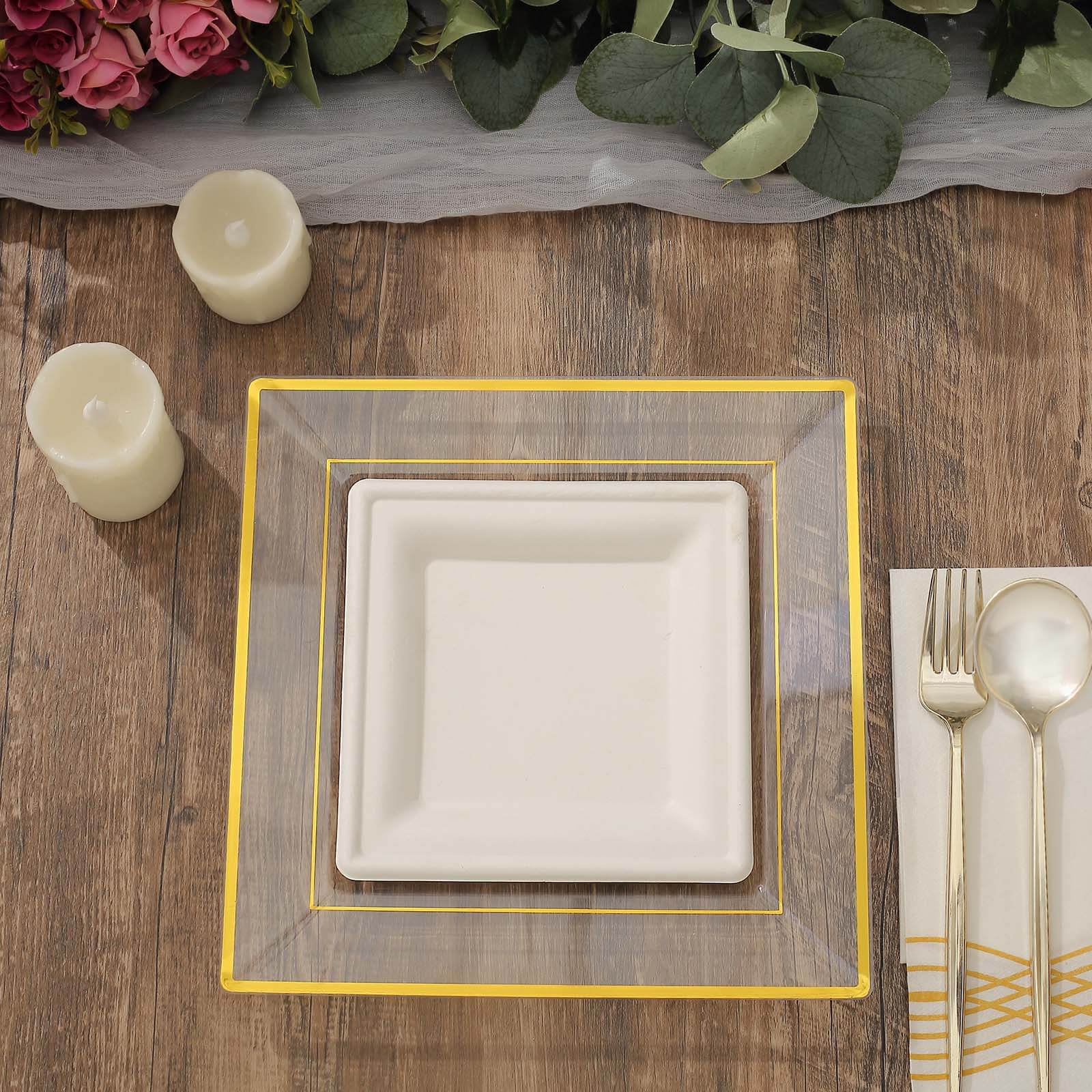 10 Pack 10 Gold Trim Clear Square Disposable Dinner Plates, Plastic Party Plates