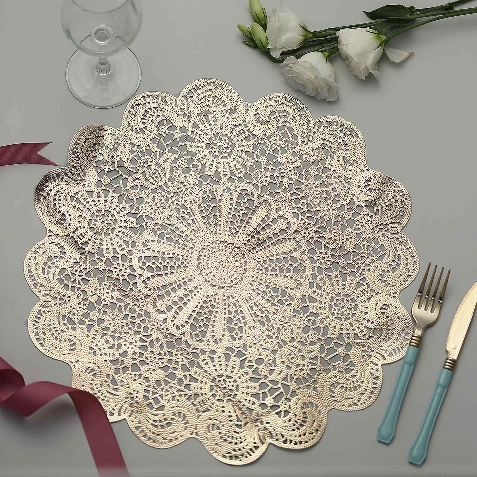 6-Pack Dining Table Mats Floral Lace Design Gold - Vinyl Non-Slip Surface with Vintage Appeal 15