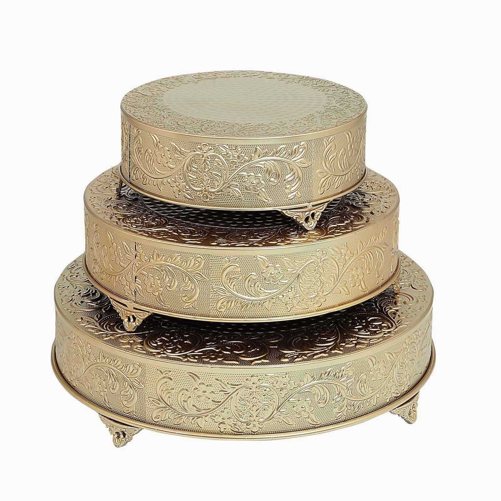 Metal 22 Round Cake Pedestal Stand Matte Gold - Cupcake Dessert Display Riser with Intricate Embossed Design for Upscale Events & Gatherings