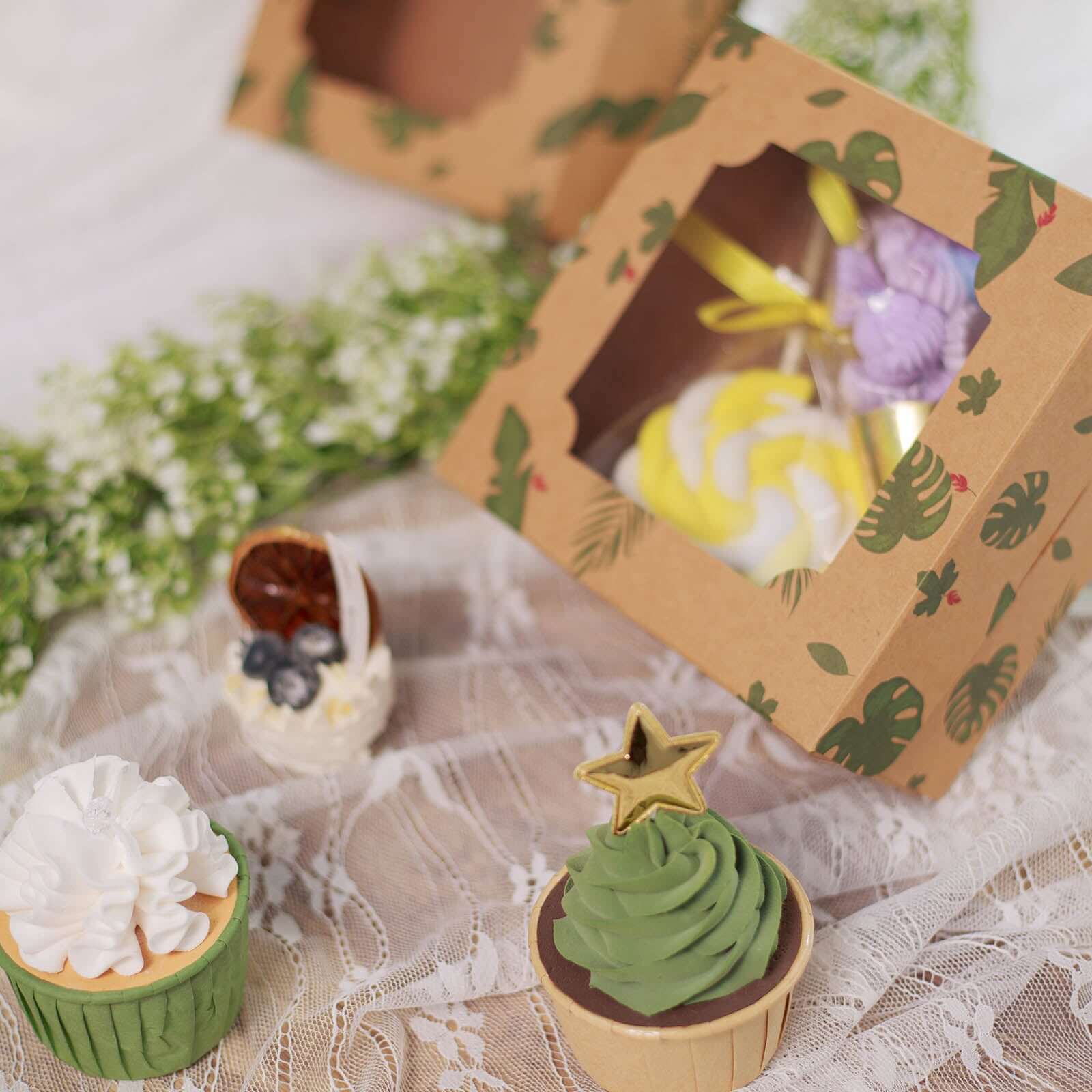 12-Pack Cardstock Cookie Boxes with Display Window - Tropical Leaf Design Disposable Treat Bakery Boxes for Donuts Cupcakes Strawberries & Pastries 6x6x3