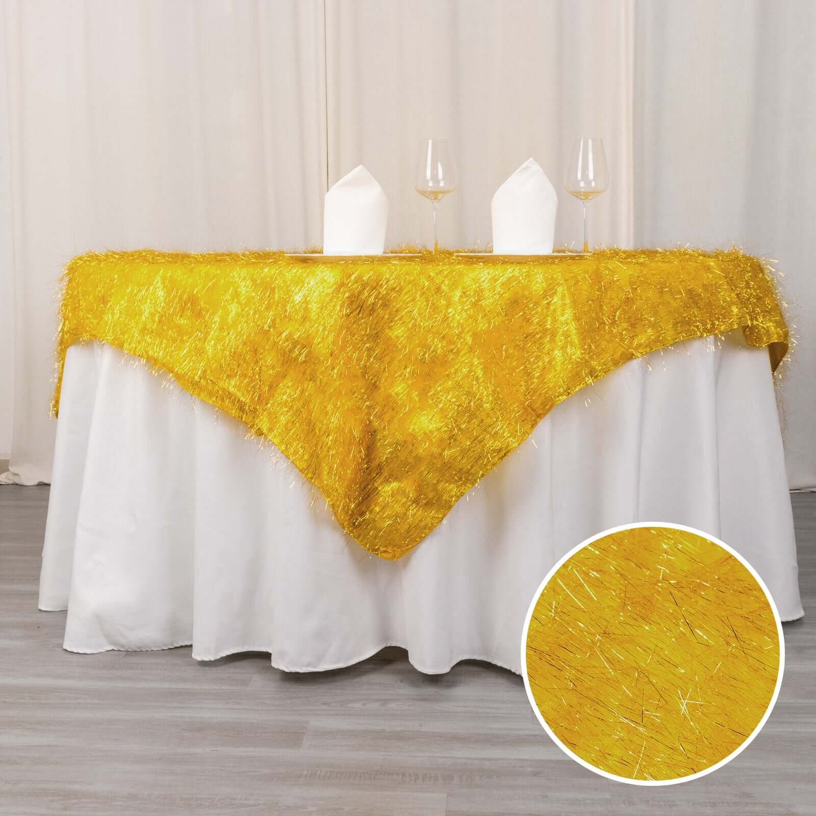 Polyester 72x72 Table Overlay Square Tablecloth Gold - Metallic Fringe Shag Tinsel Design for Luxe Events