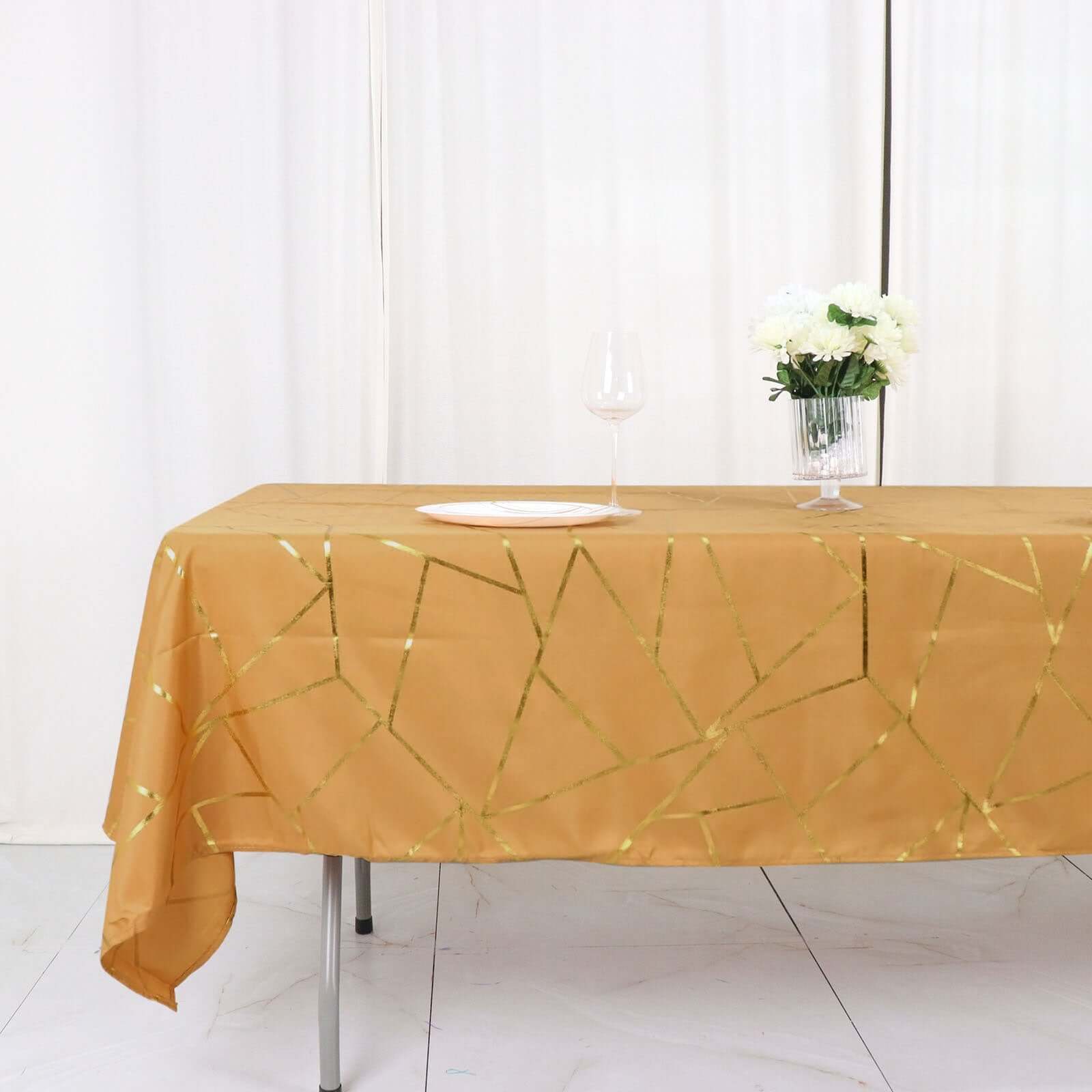 Polyester 60x102 Rectangle Tablecloth Gold with Gold Foil Geometric Pattern - Wrinkle-Resistant & Durable Table Cover