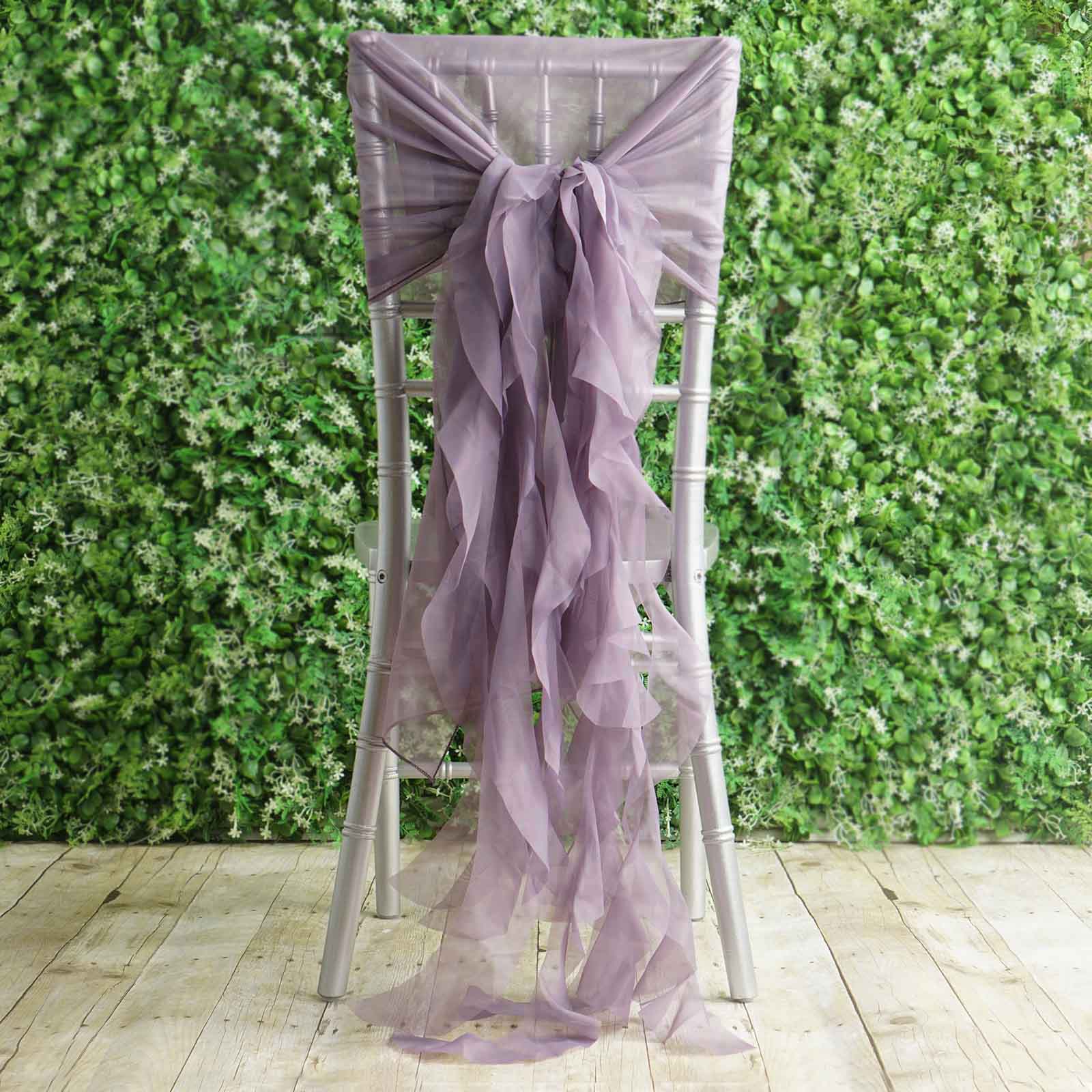 1 Set Chiffon Hoods Chair Sashes with Willow Ruffles Design Violet Amethyst - Stylish Chair Bow Decor