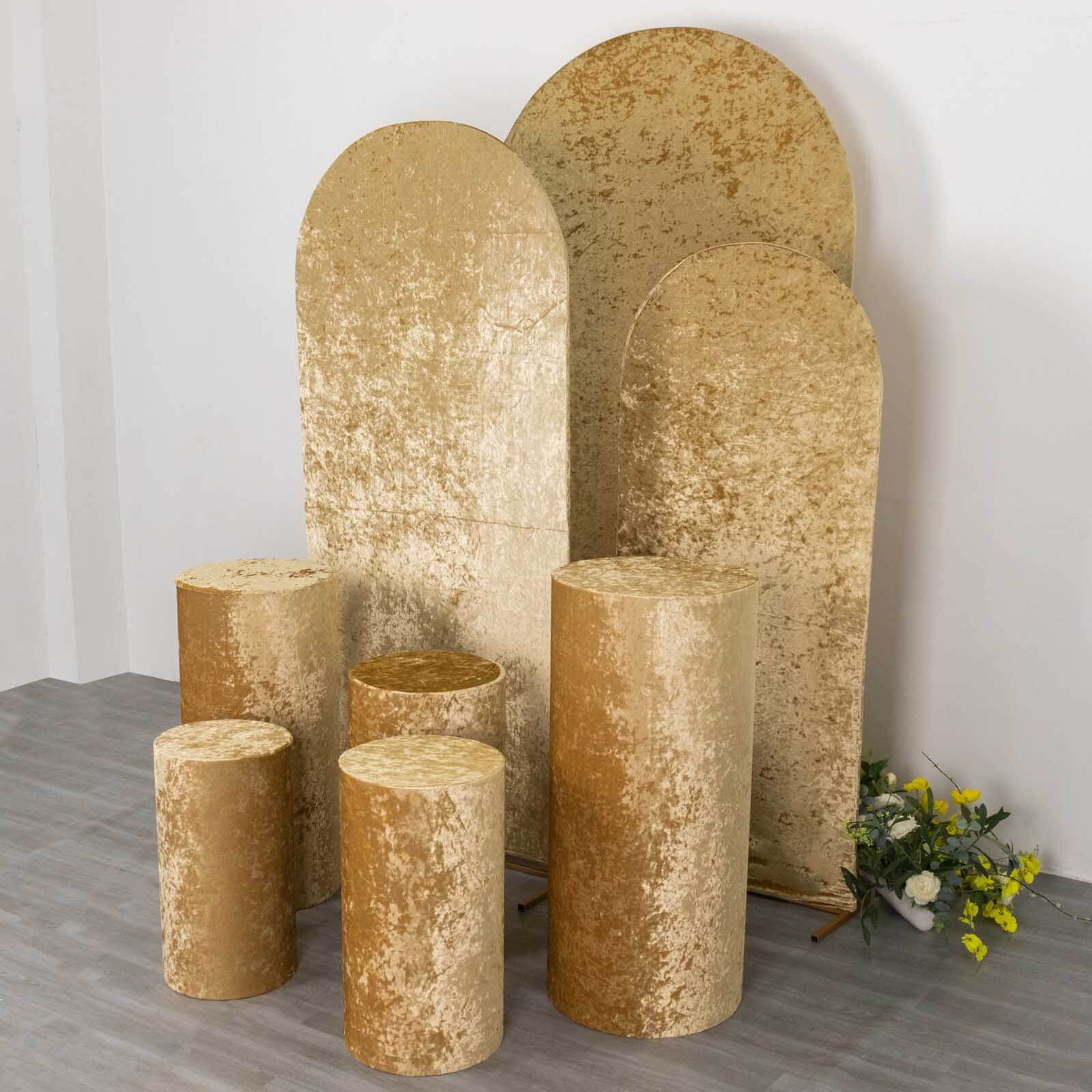 Set of 5 Champagne Crushed Velvet Cylinder Pedestal Stand Covers, Premium Pillar Prop Covers