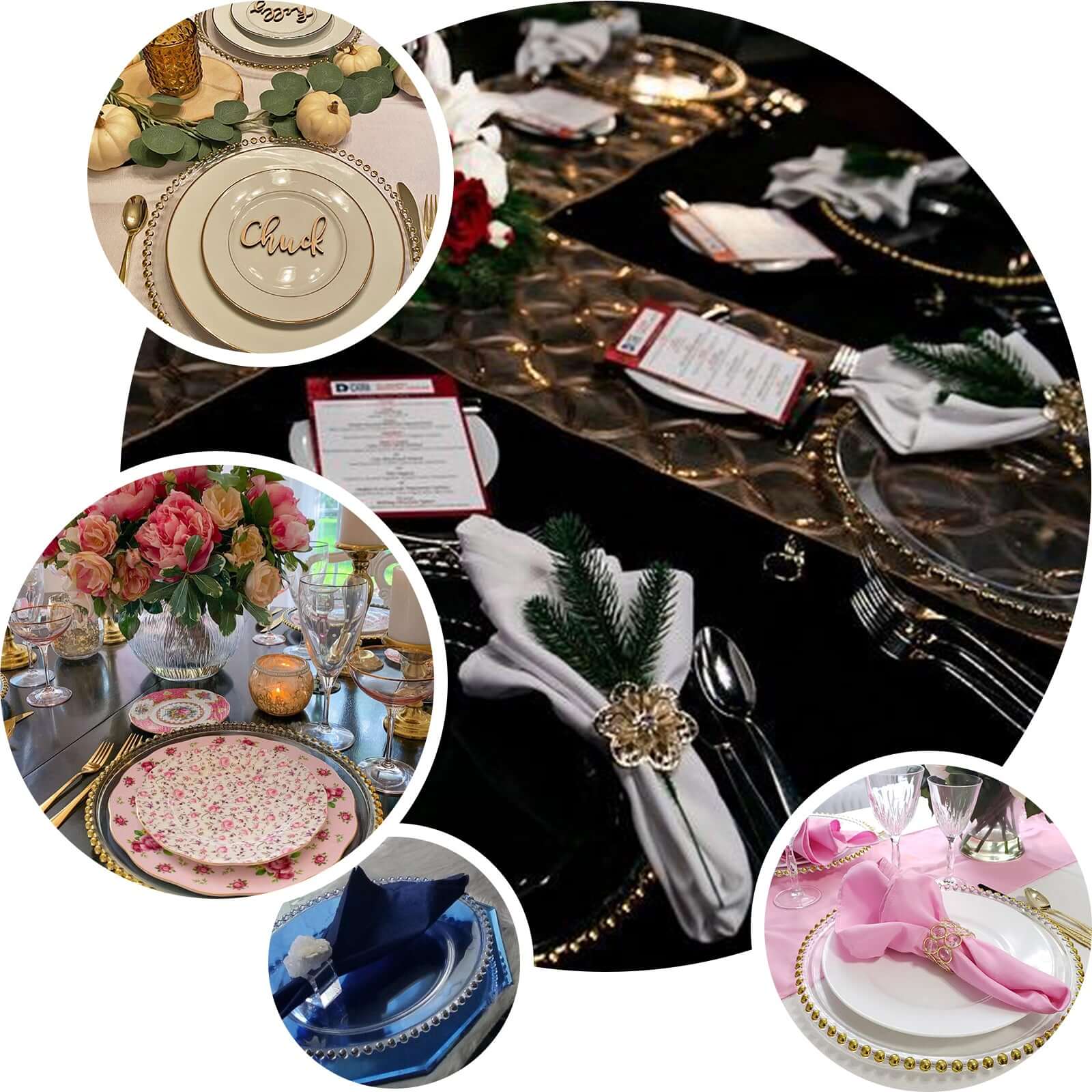 6-Pack Acrylic Round Charger Plates 13 in Clear with Rose Gold Beaded Rim, Decorative Dinner Party Serving Plates