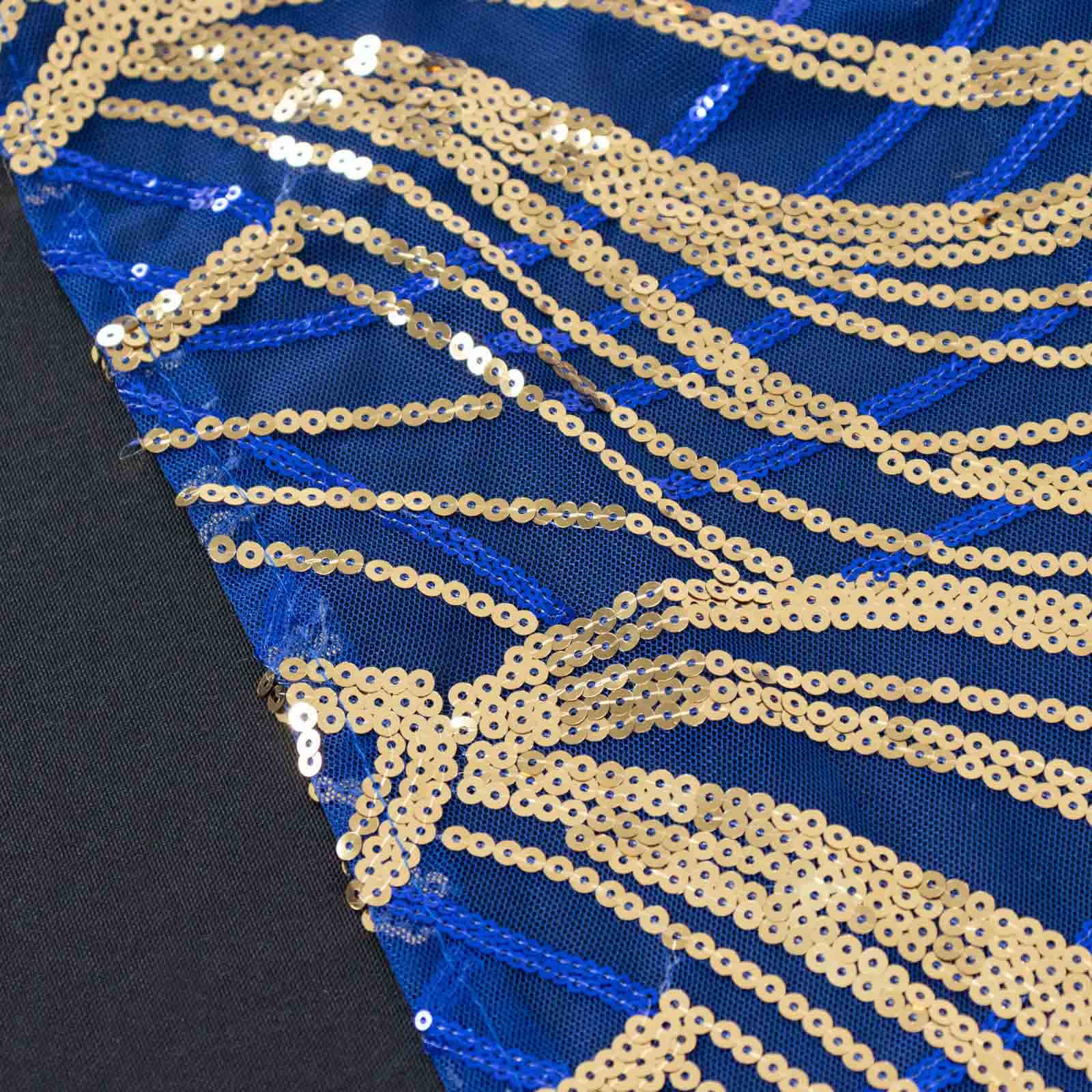 Mesh 90x156 Rectangle Tablecloth Royal Blue/Gold - Wave Sequin Embroidered Table Cover