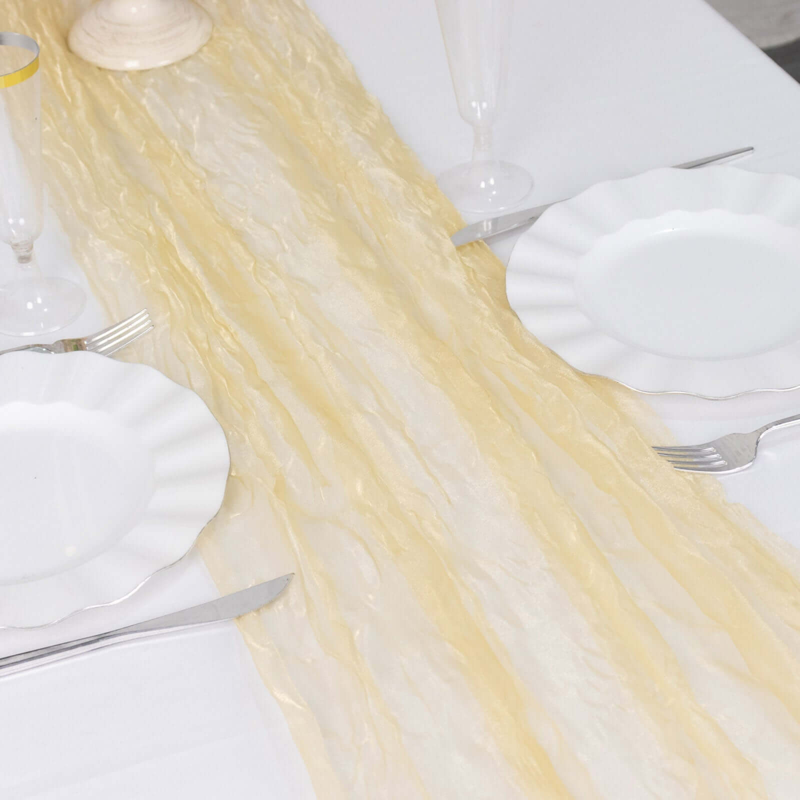 Sheer Crinkled Organza 9ft Table Runner Champagne - Rustic Chiffon Look