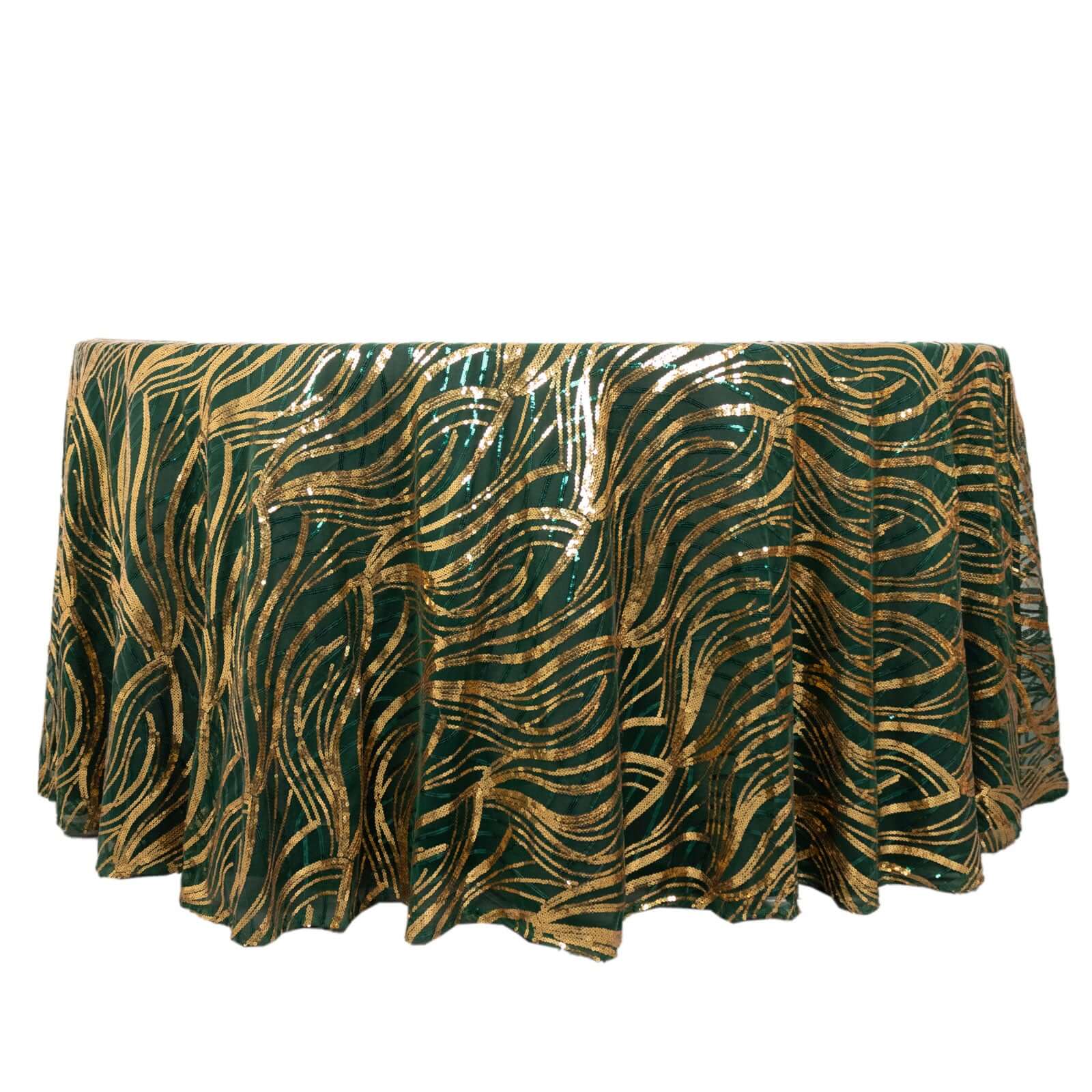 Sequin Mesh 120 Round Tablecloth Hunter Emerald Green/Gold - Seamless Wave Embroidered Table Cover