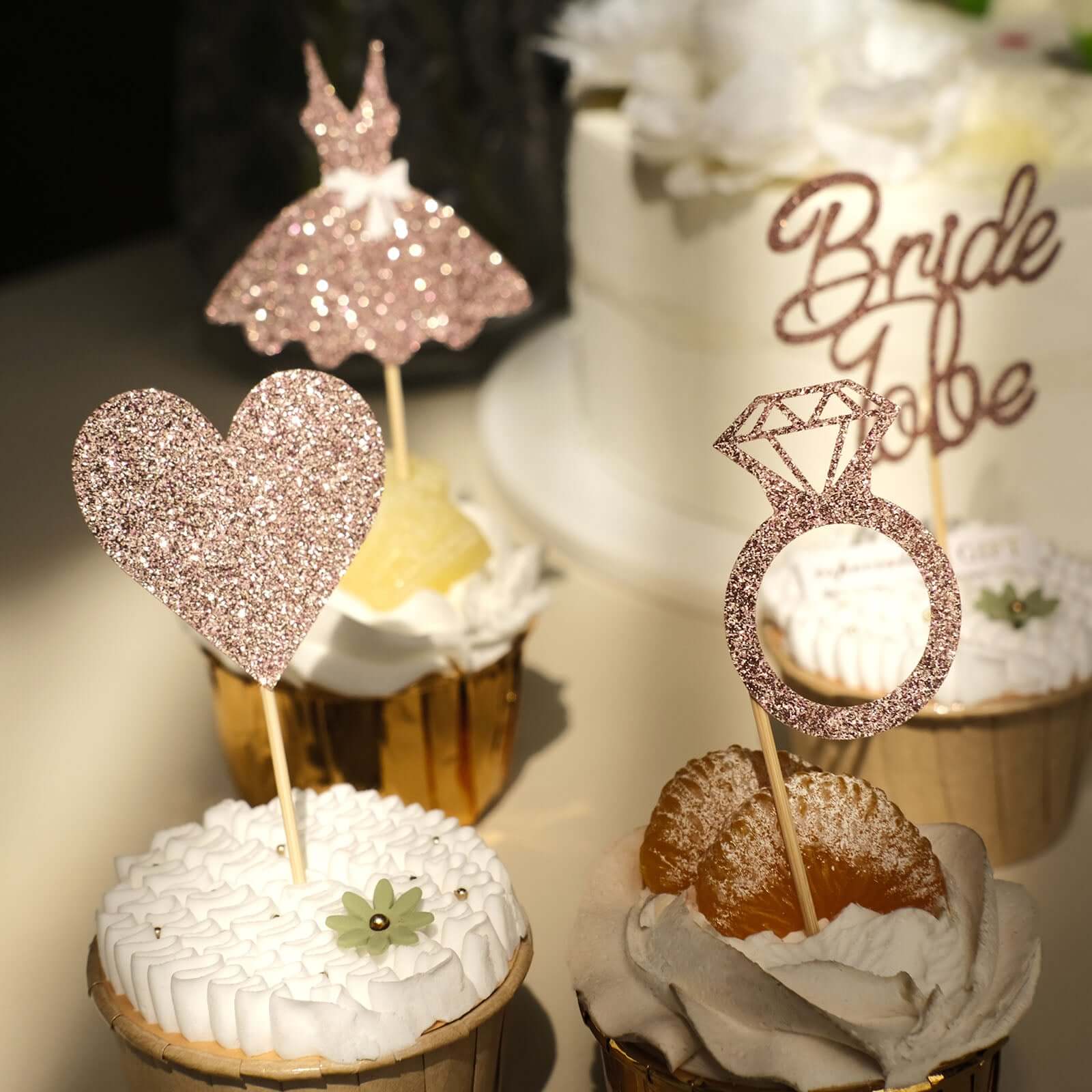 24-Pack Cupcake Topper Picks Bridal Shower Design Rose Gold Glitter - Wedding Cake Decoration Supplies Assorted Styles