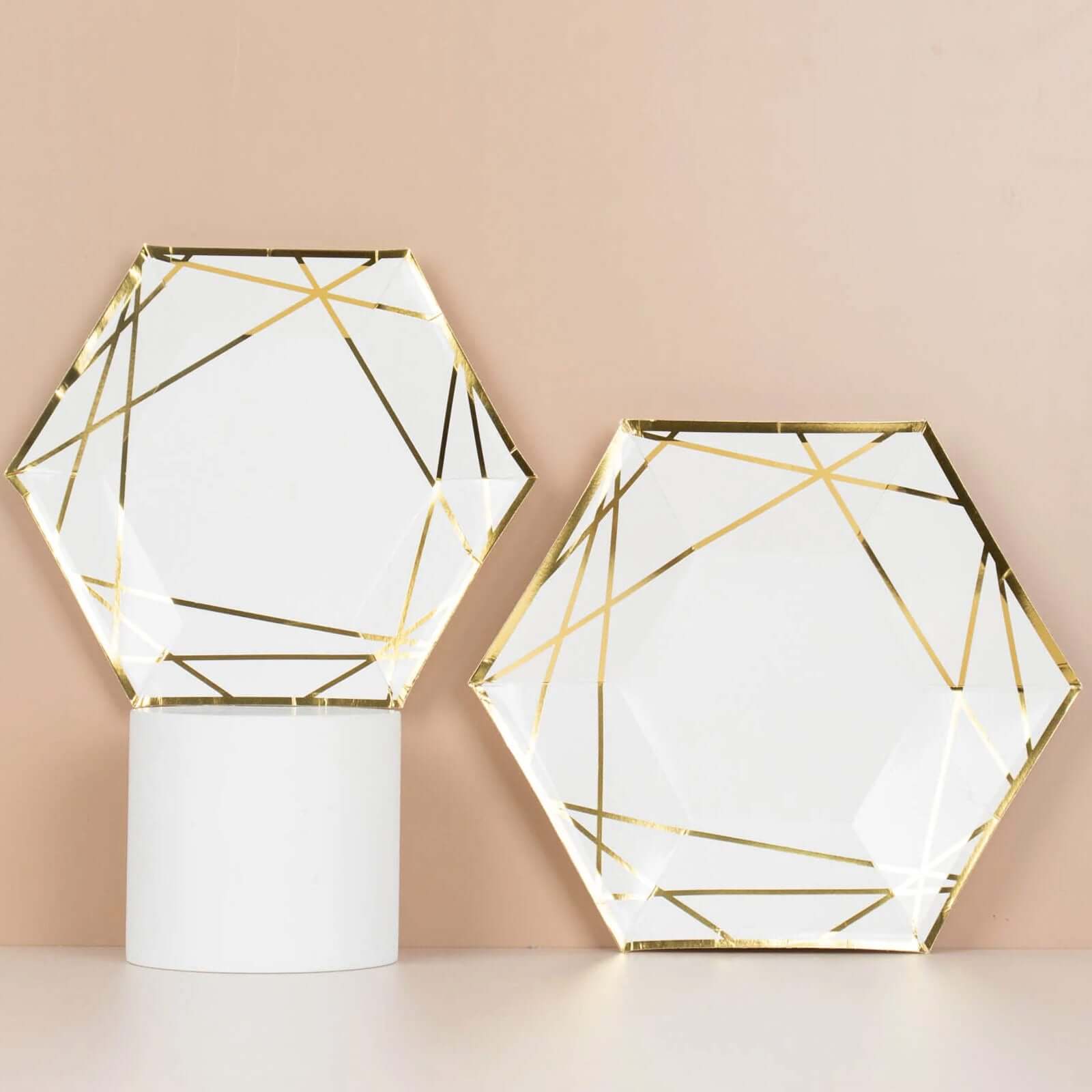 25-Pack Paper 7 Hexagon Dessert Plates in White with Gold Geometric Lines & Rim - Stylish Disposable Geometric 300GSM Appetizer Salad Plates for Events & Banquets