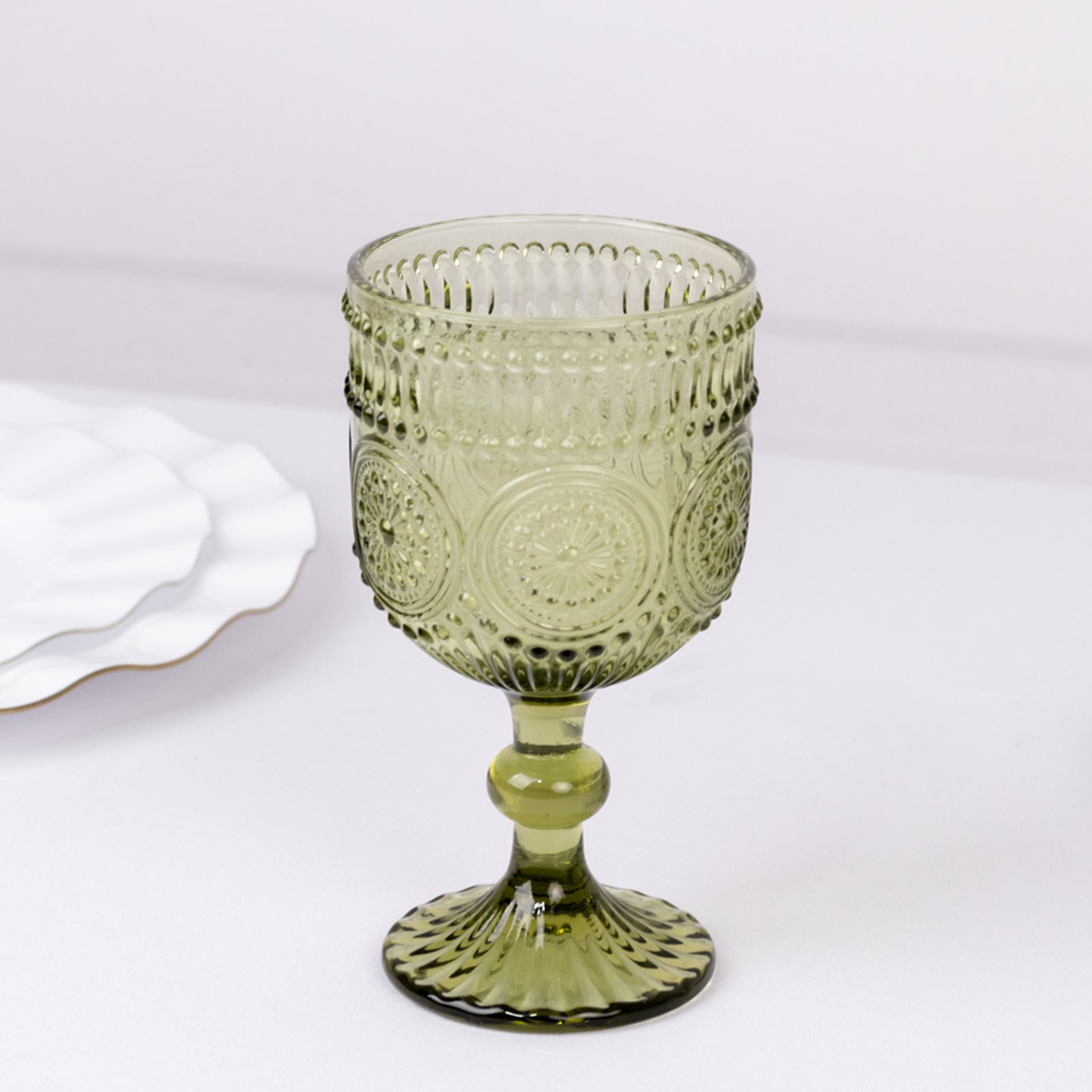 6-Pack Wine Glasses Dusty Sage Green Vintage Embossed Design with Textured Floral Pattern - Short Stemmed Glasses for Drinks & Cocktails 12oz