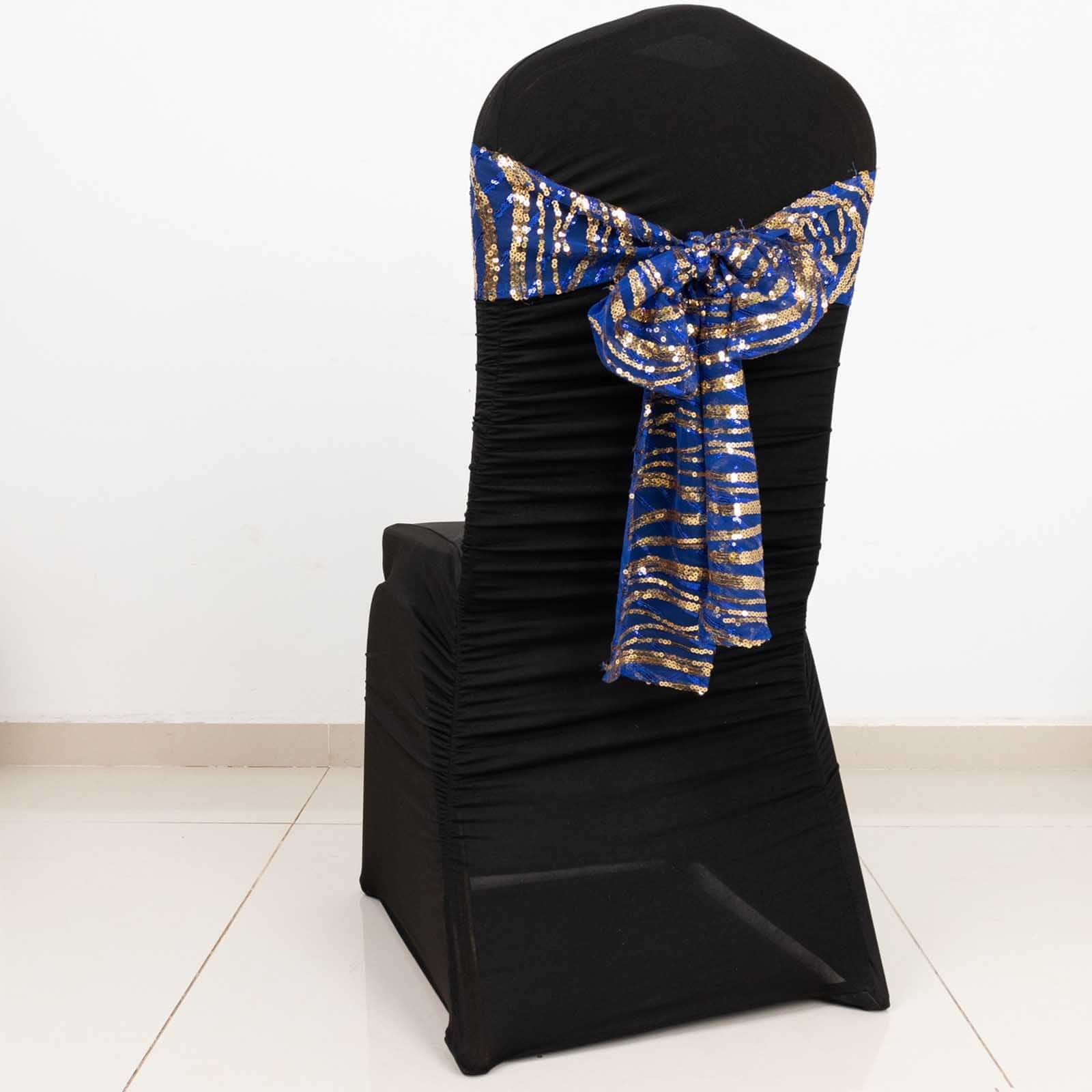 5 Pack Chair Sashes with Wave Embroidered Sequins Royal Blue/Gold 6x88