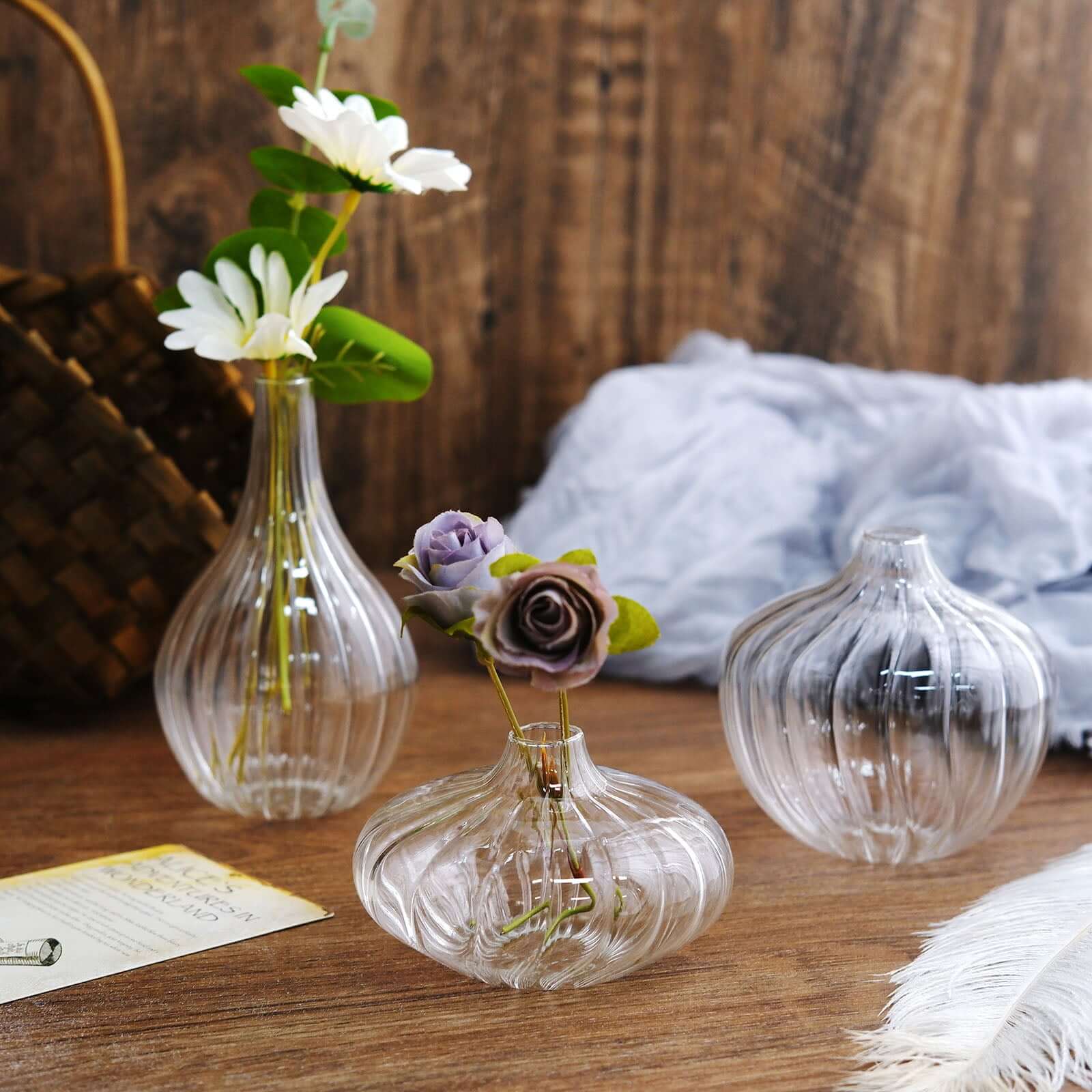 Set of 3 Clear Glass Ribbed Design Mini Flower Bud Vases, Table Centerpiece Set - Assorted Sizes