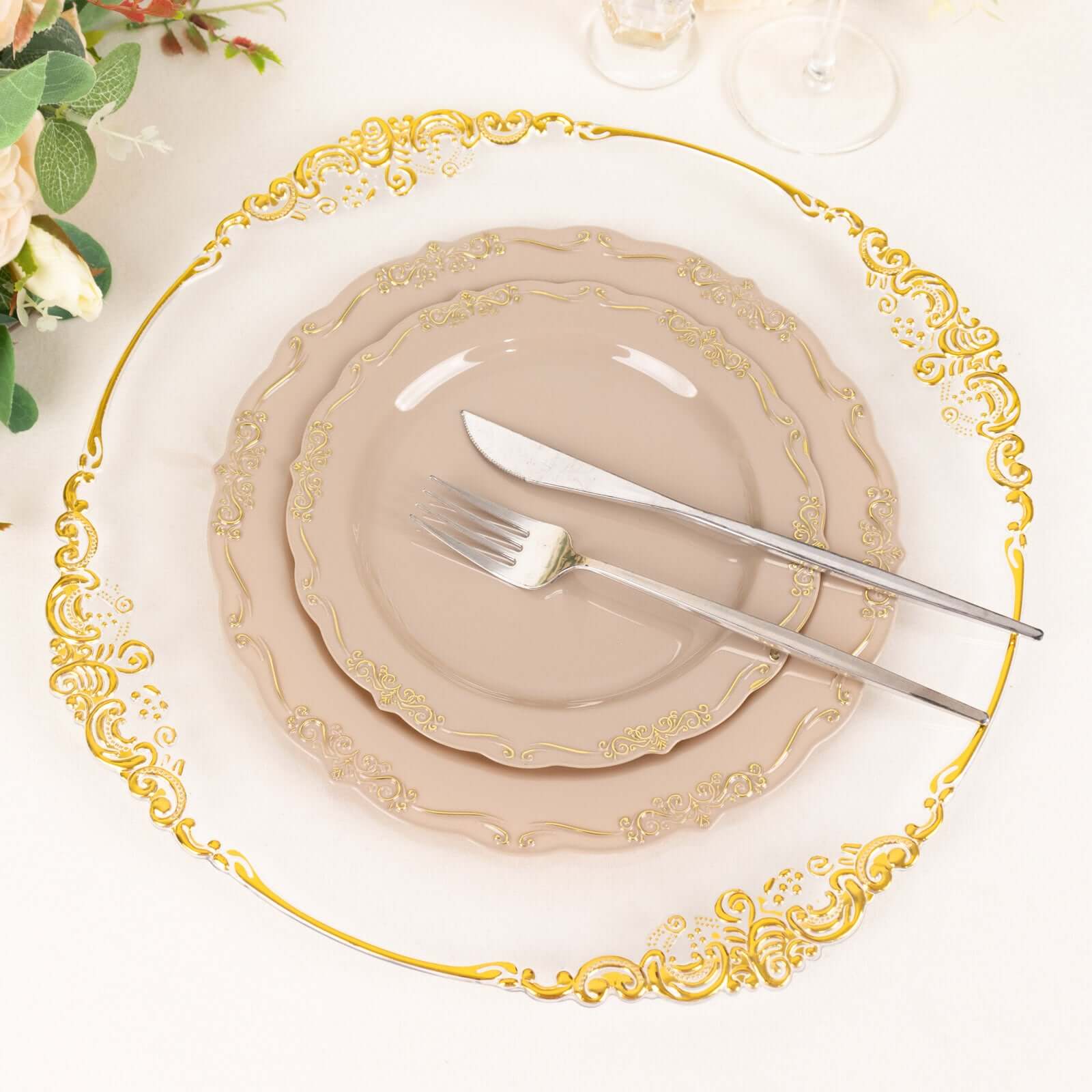 10-Pack Plastic 7 Round Dessert Plates in Taupe with Gold Vintage Embossed Rim - Sturdy Disposable Scalloped Edge Salad Plates