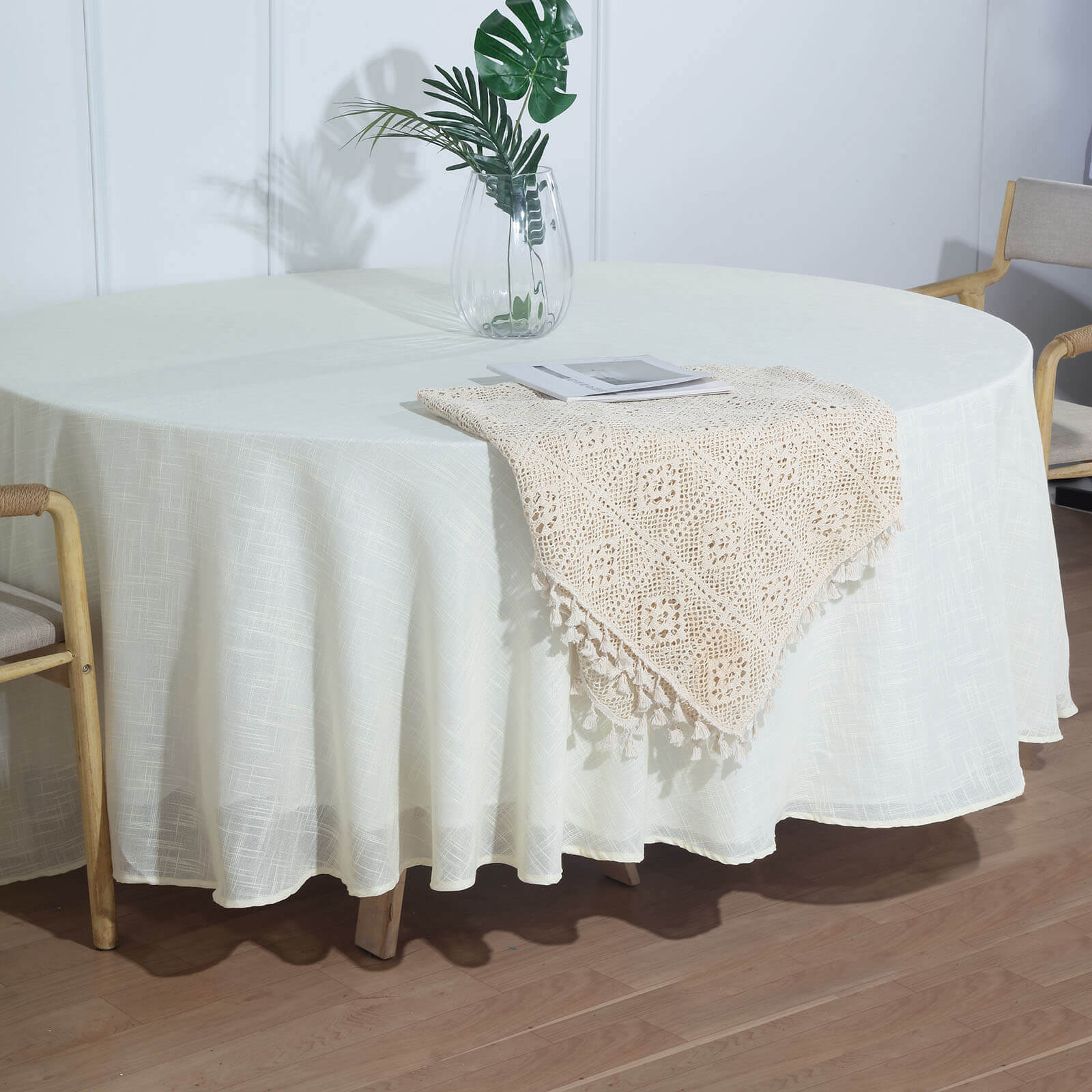 Faux Linen 108 Round Tablecloth White - Slubby Textured & Wrinkle Resistant for Banquets and Receptions