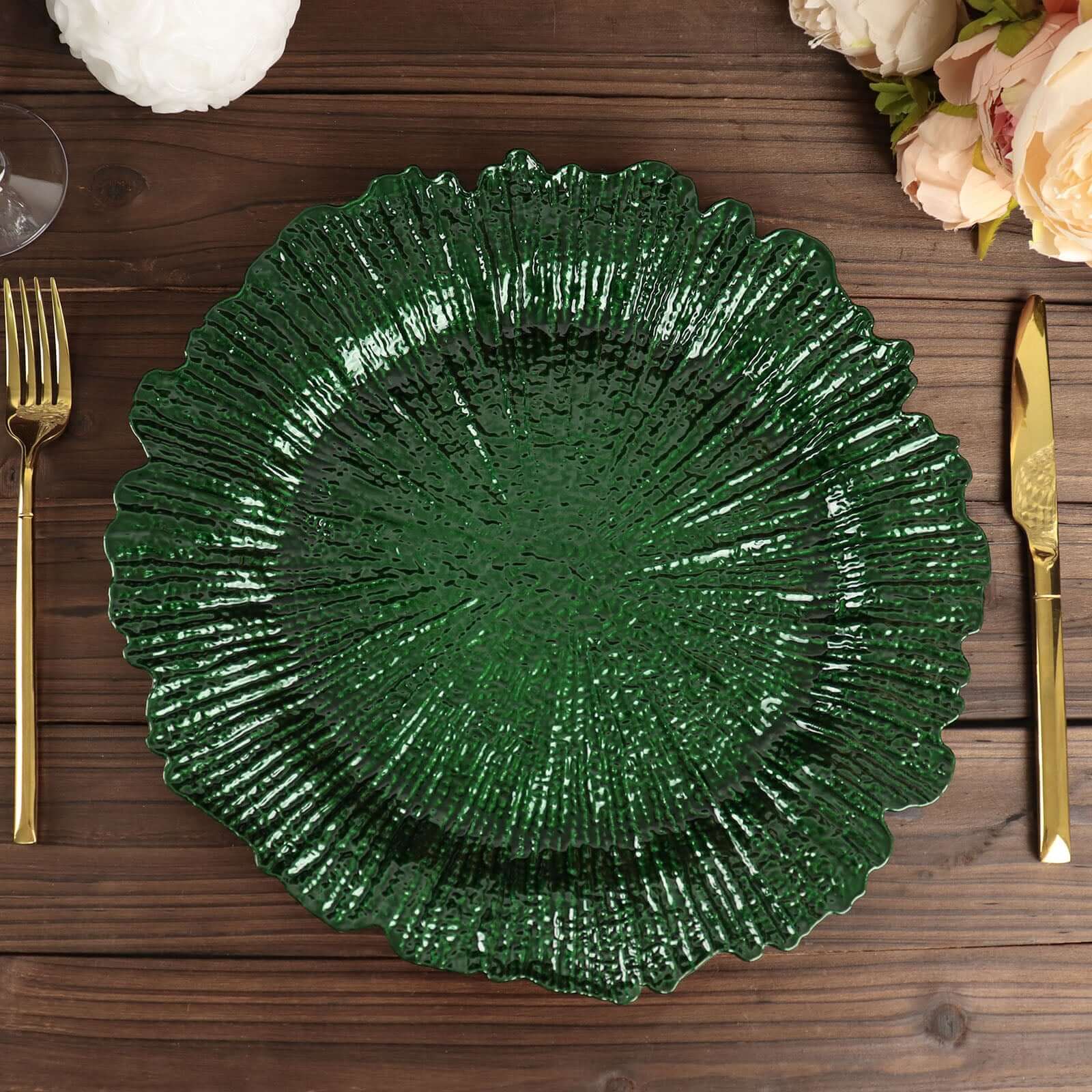 6-Pack Acrylic Plastic Round Charger Plates 13 in Hunter Emerald Green with Reef Design, Dinner Charger Tableware