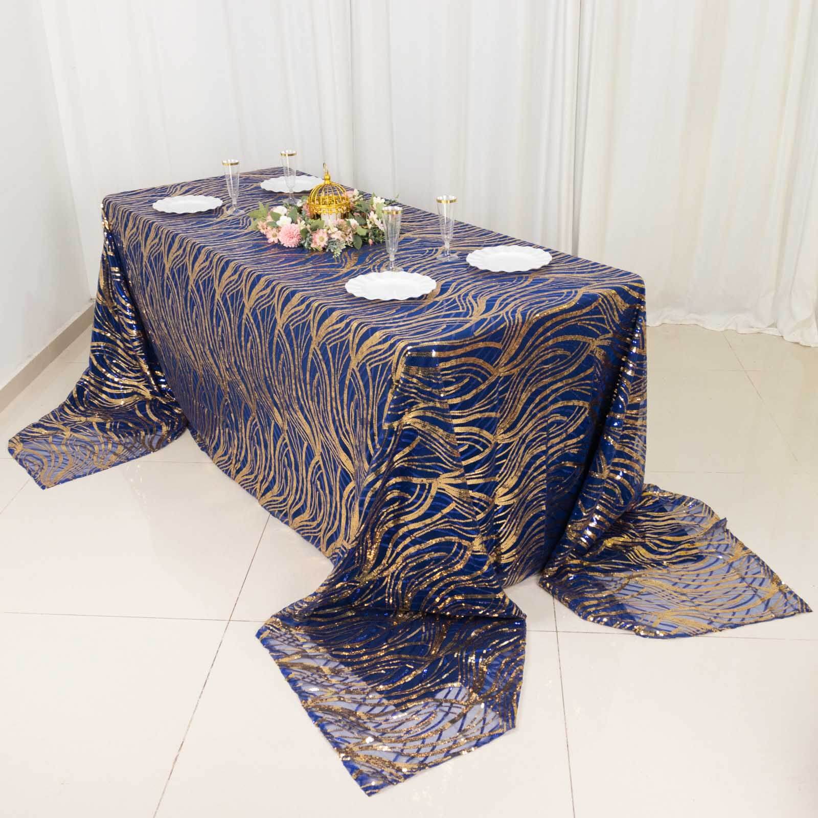 Mesh 90x156 Rectangle Tablecloth Royal Blue/Gold - Wave Sequin Embroidered Table Cover