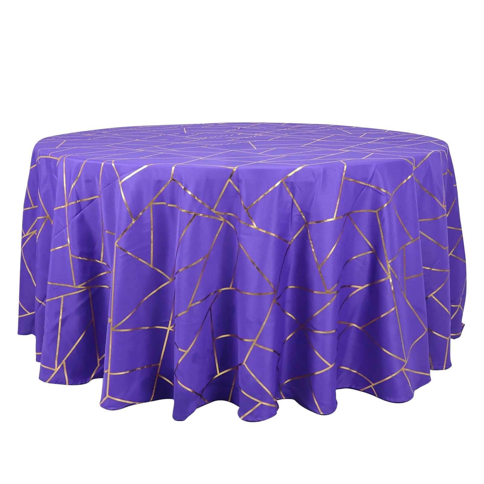 Polyester 120 Round Tablecloth Purple with Gold Foil Geometric Pattern Wrinkle-Resistant Seamless Table Cover