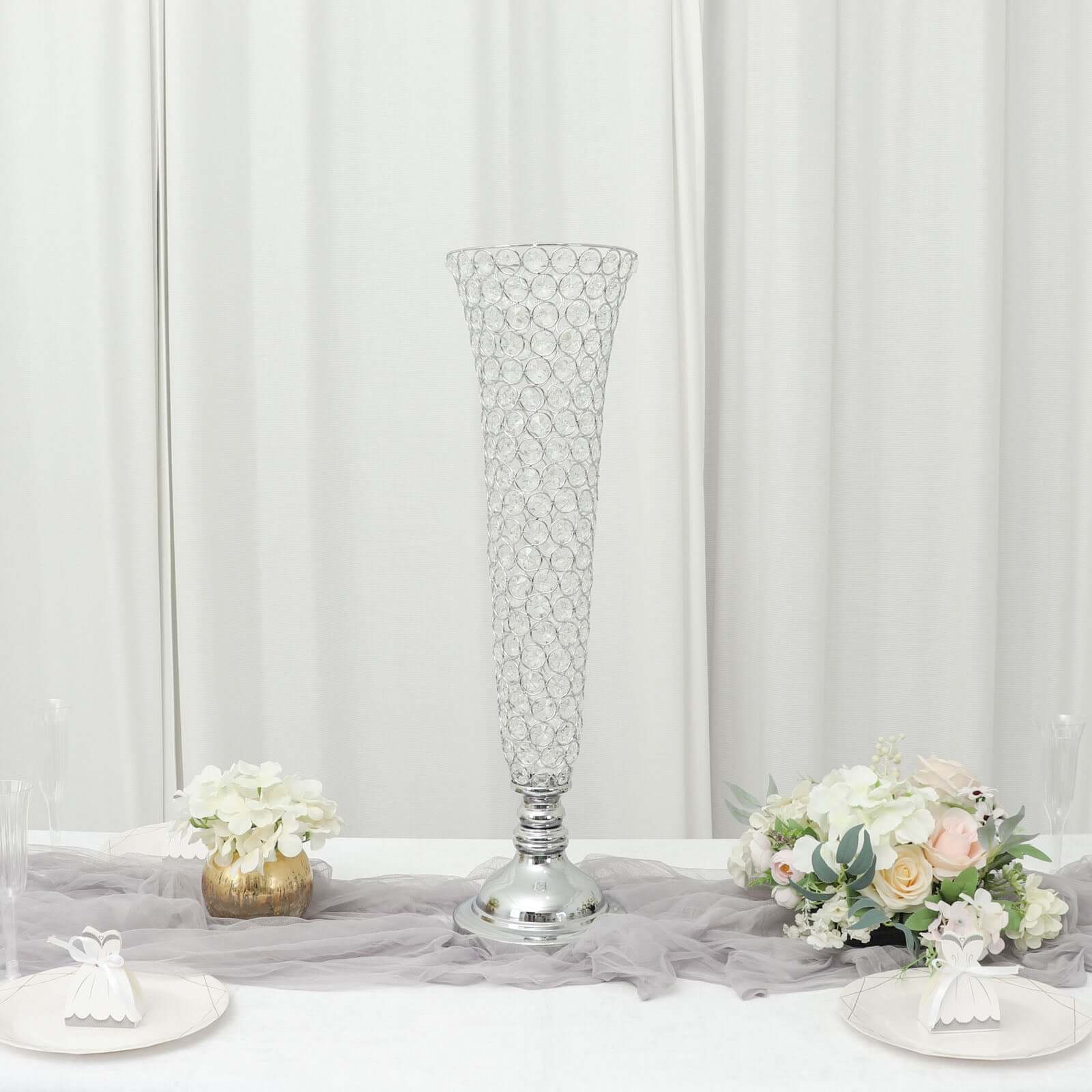 3-Pack Crystal Beaded Trumpet Vase Set Silver - Table Centerpiece for Weddings and Events 32