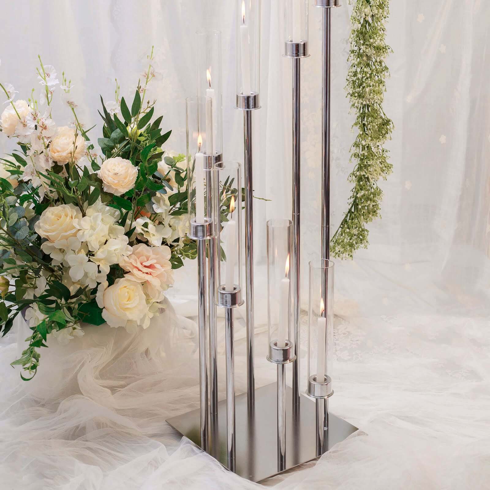 8 Arm Cluster Taper Candle Holder Silver - Stunning Large Candle Arragement With Clear Glass Shades for Grand Banquets & Celebrations 42