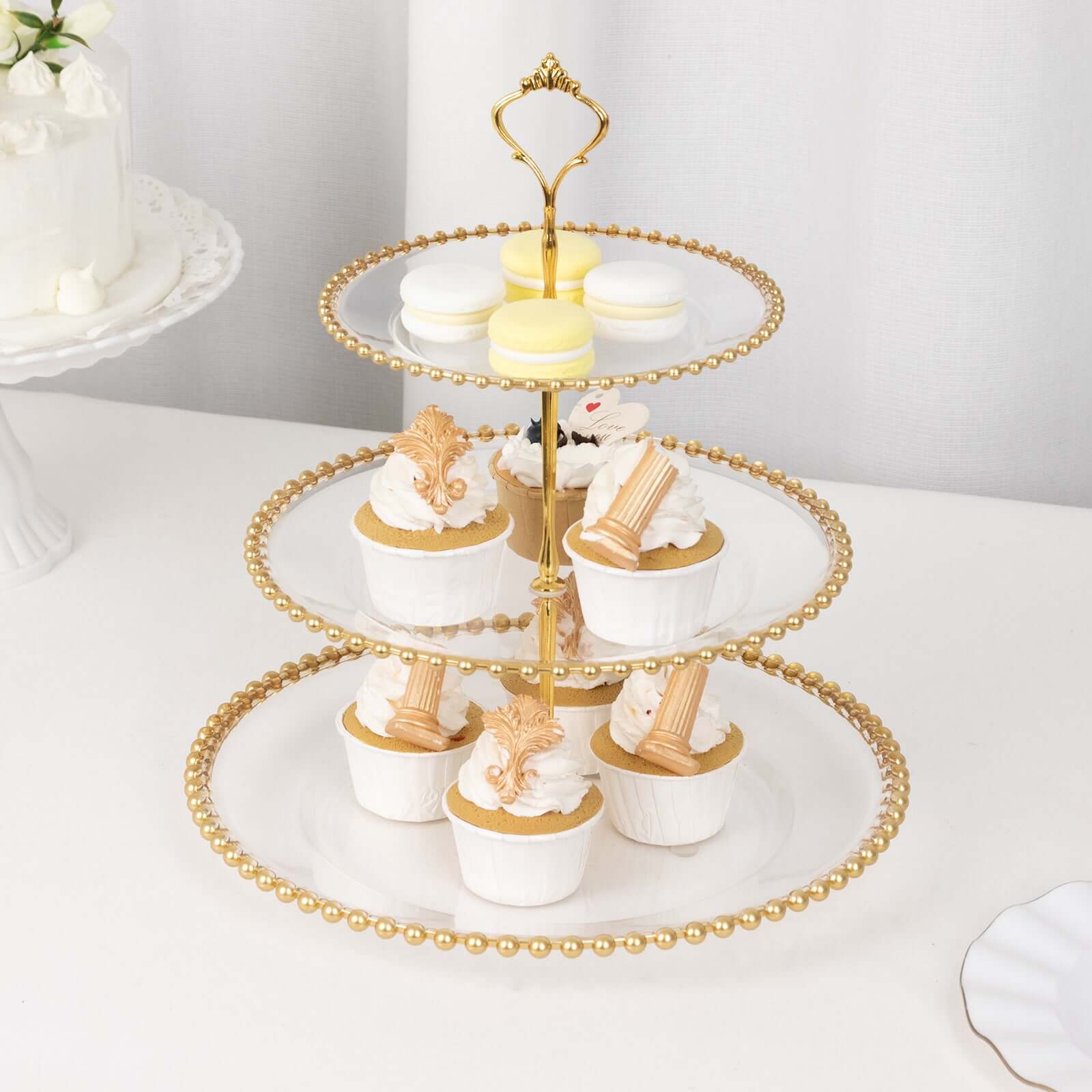 3-Tier Plastic Round Cupcake Tower Stand Clear - Versatile Dessert Display Tea Party Serving Platter with Gold Beaded Rim & Top Handle 14