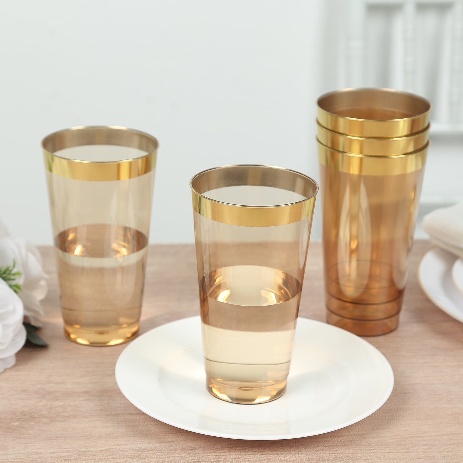 12-Pack Plastic Party Cups Transparent Amber Gold with Gold Rim - Durable Disposable Tumblers for Drinks 17oz 5.5